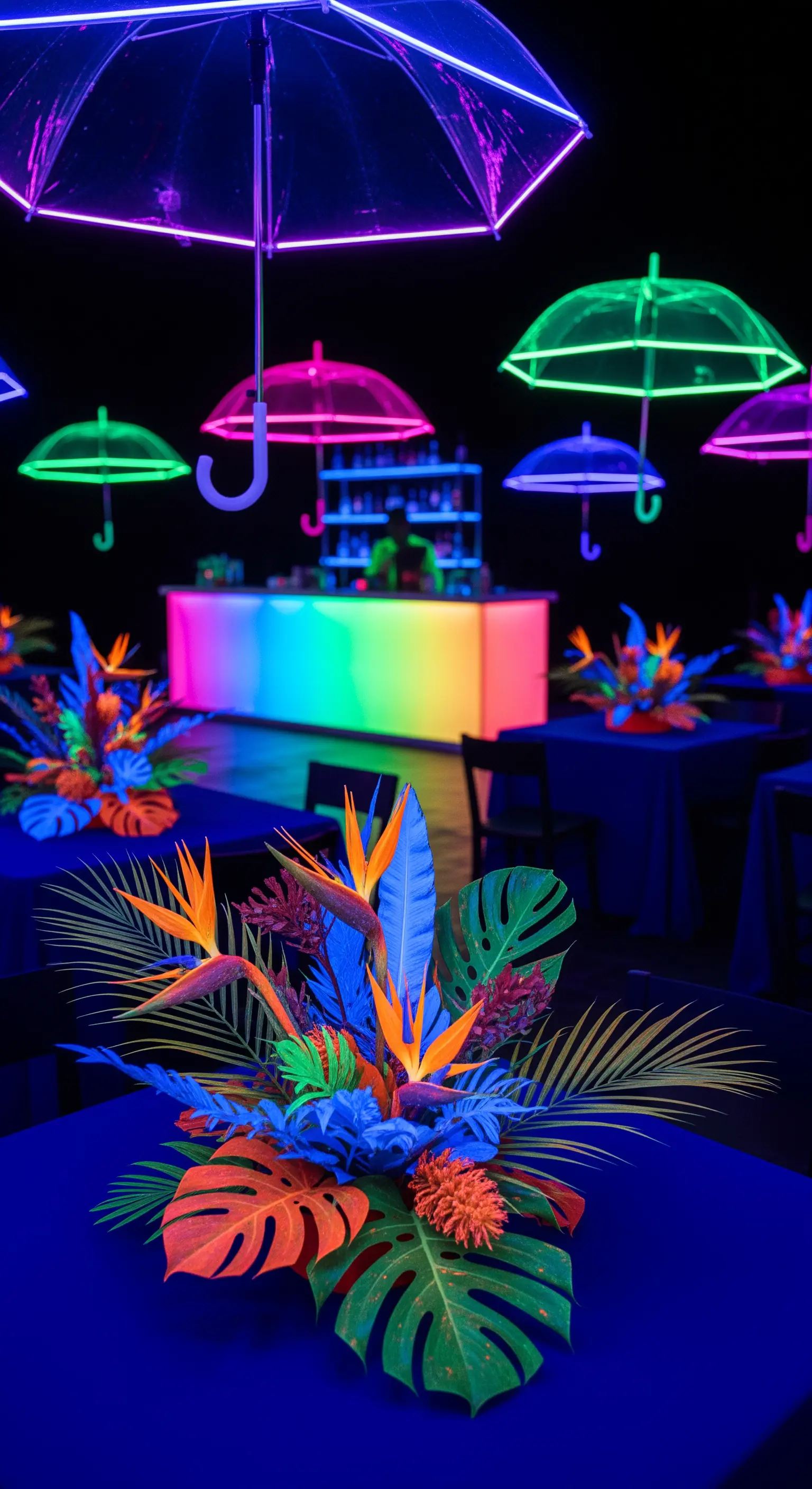 Party al buio con ombrelli e fiori tropicali fluorescenti sotto luce UV