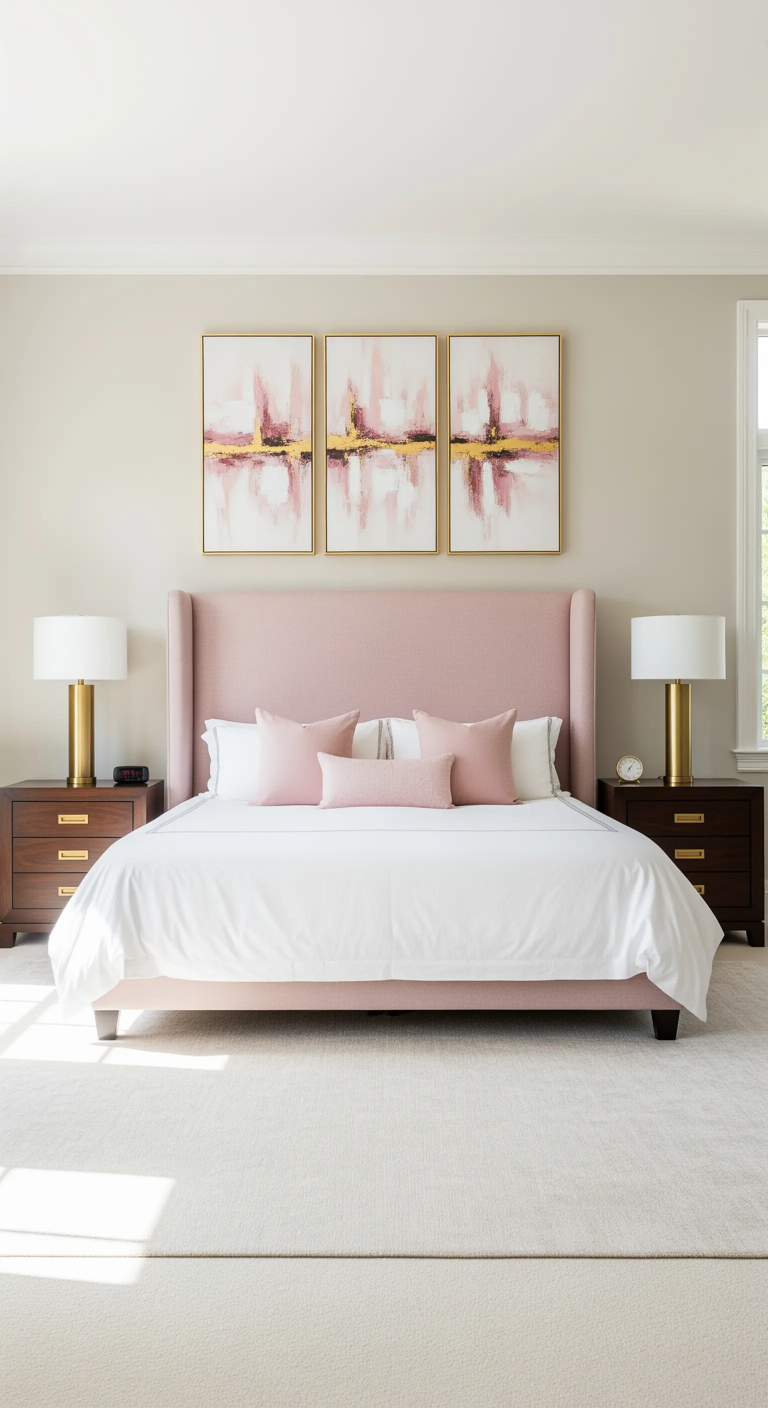 Camera da letto simmetrica con testiera rosa, trittico di quadri e comodini abbinati.