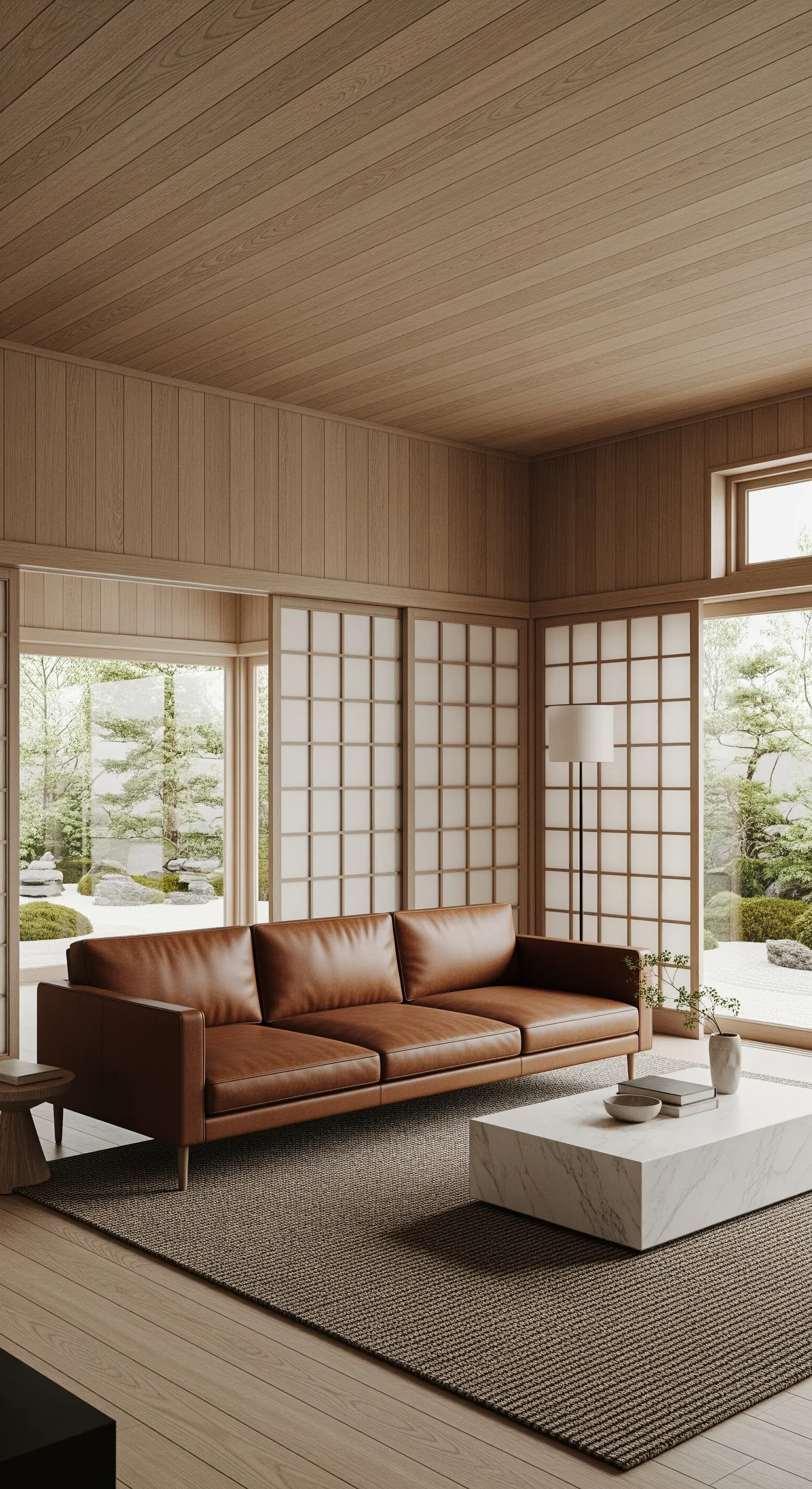 Soggiorno in stile Japandi con pareti in legno chiaro e divano in pelle minimalista.