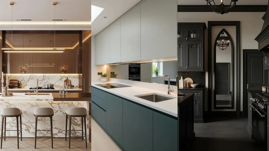 Tre eleganti cucine moderne che usano specchi decorativi e trucchi prospettici per ampliare visivamente lo spazio.