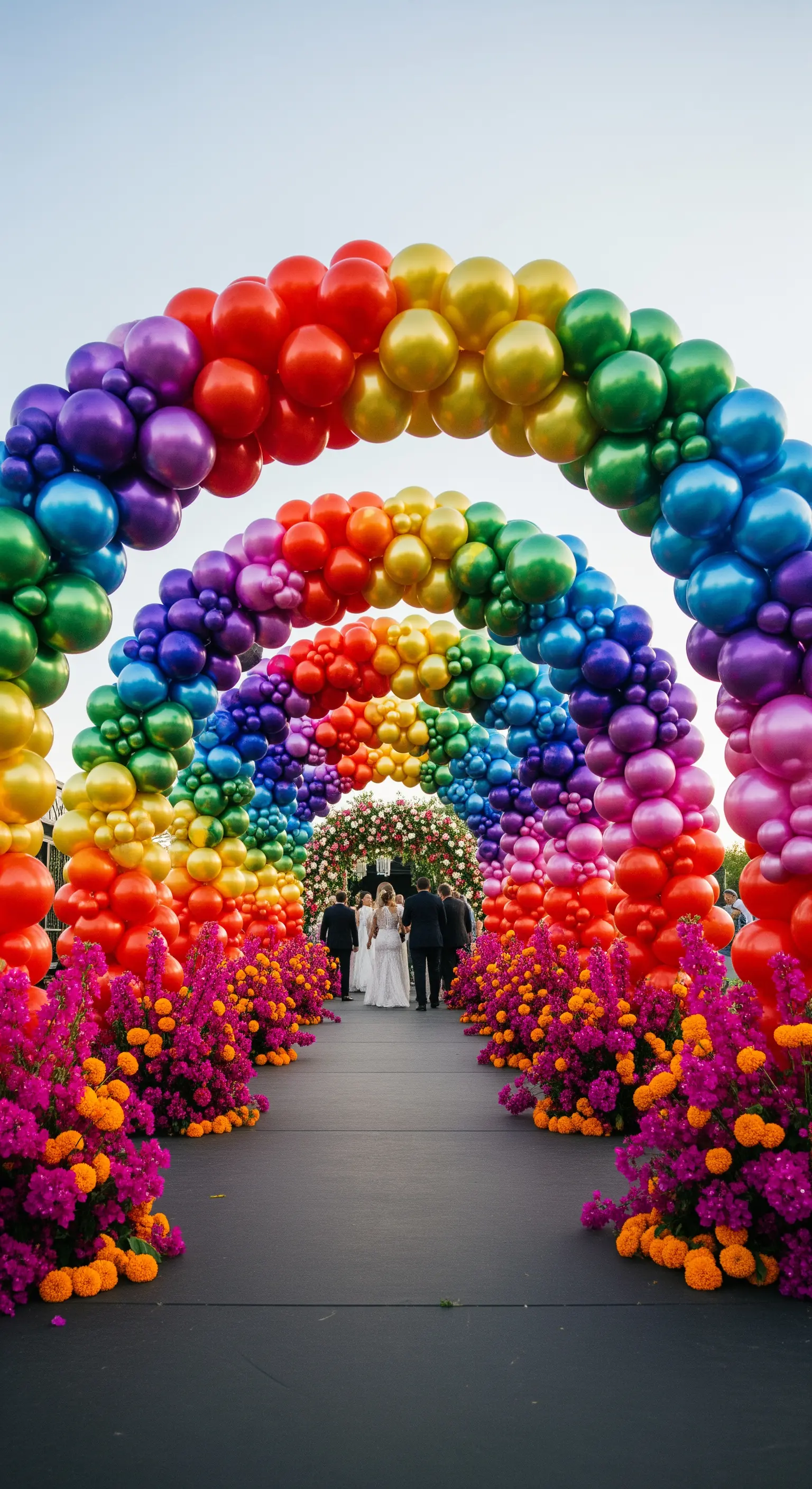 Lungo tunnel di archi di palloncini arcobaleno che conduce a un evento nuziale.