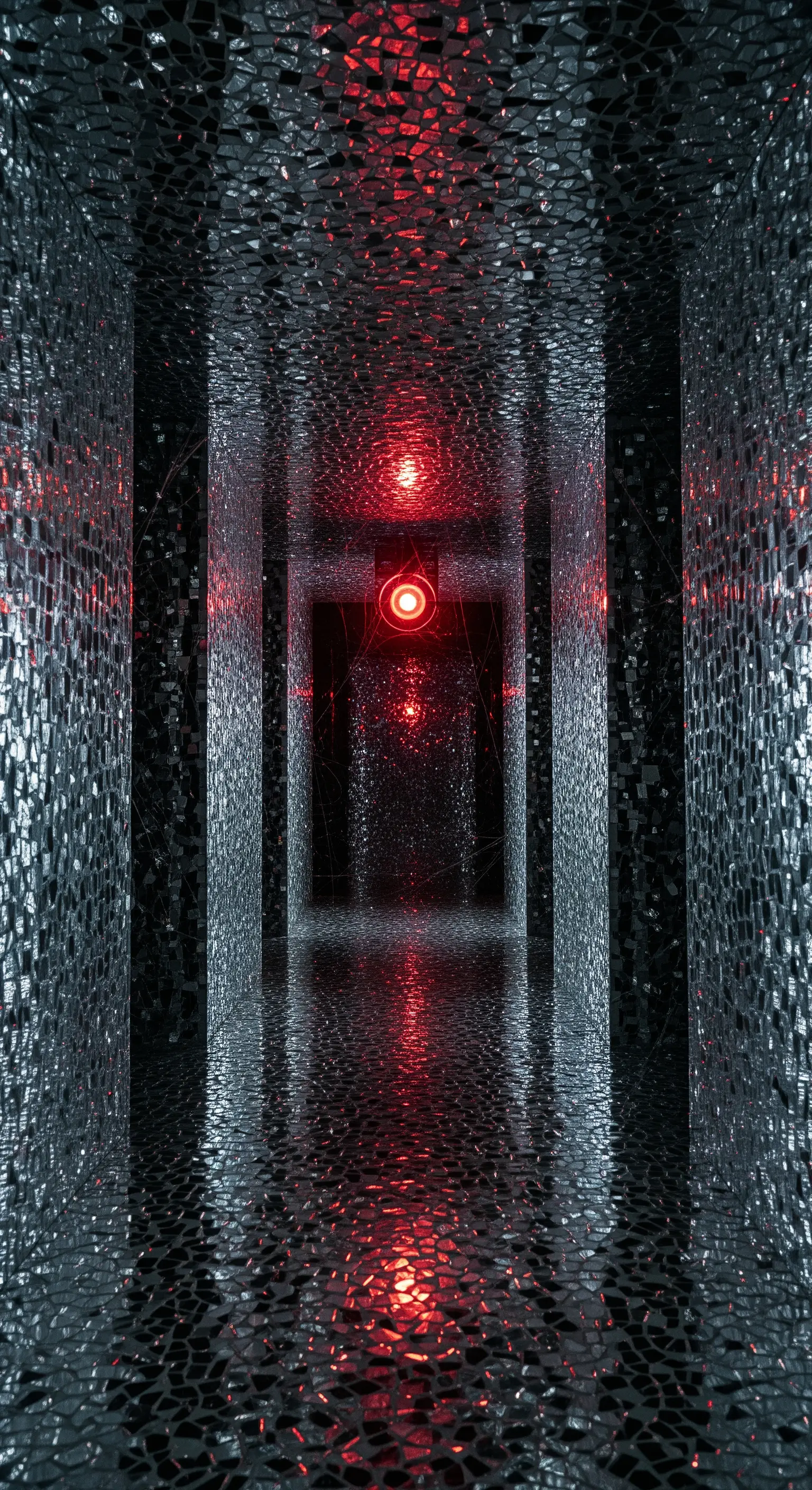 Tunnel interamente ricoperto di frammenti di specchio con luce rossa.