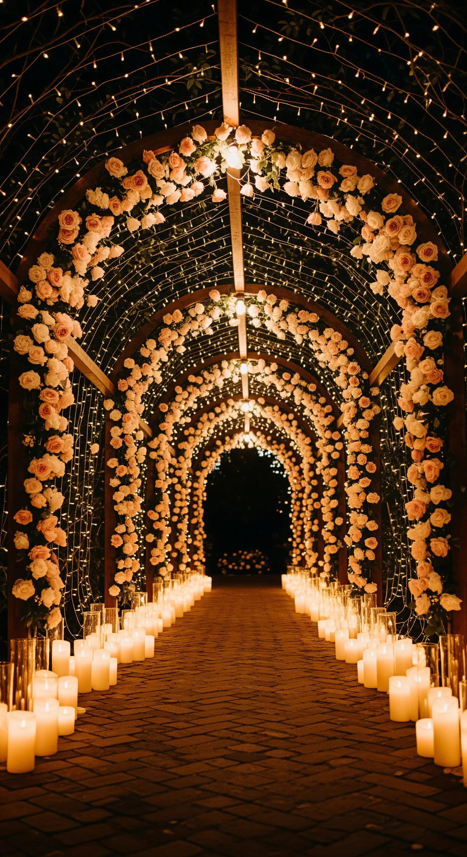 Lungo tunnel di archi coperto di rose e lucine scintillanti, con un sentiero di candele.