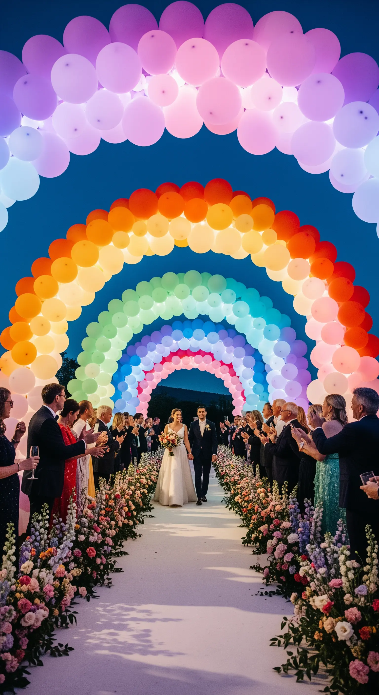 Uscita degli sposi attraverso un tunnel notturno di archi di palloncini arcobaleno illuminati.