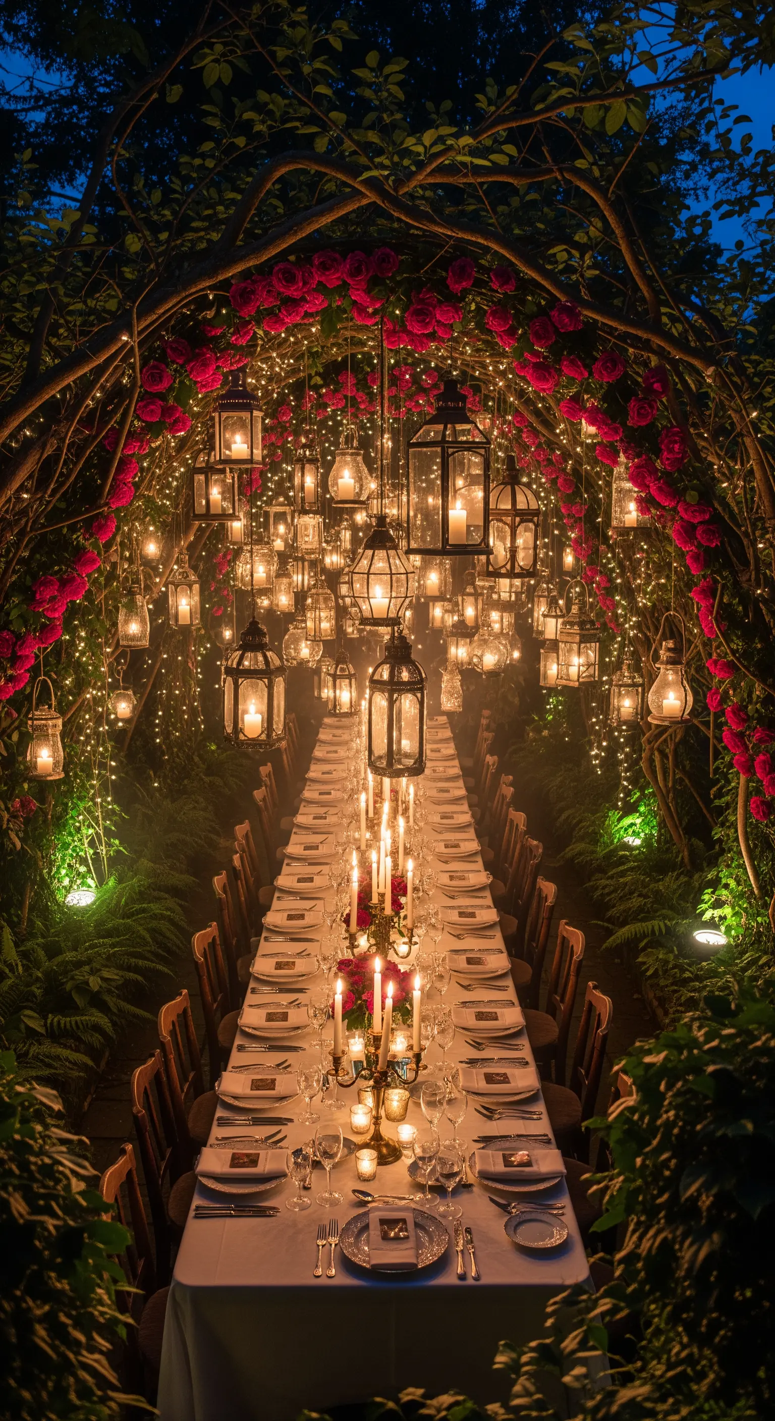 Un lungo tavolo sotto un tunnel di rami, rose rosse e lanterne luminose.