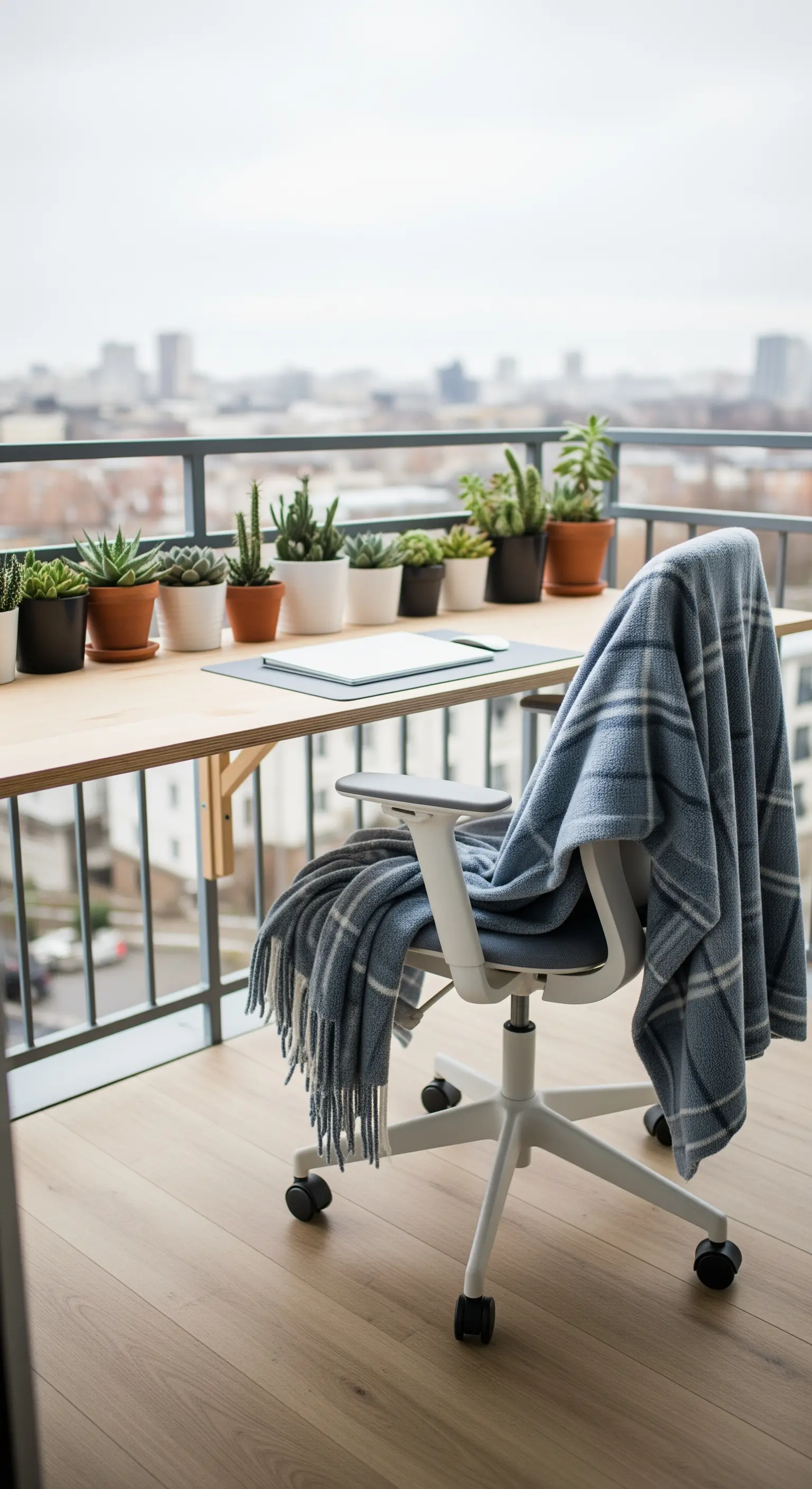 Scrivania stretta in legno su un balcone con vista, sedia da ufficio e piante grasse.