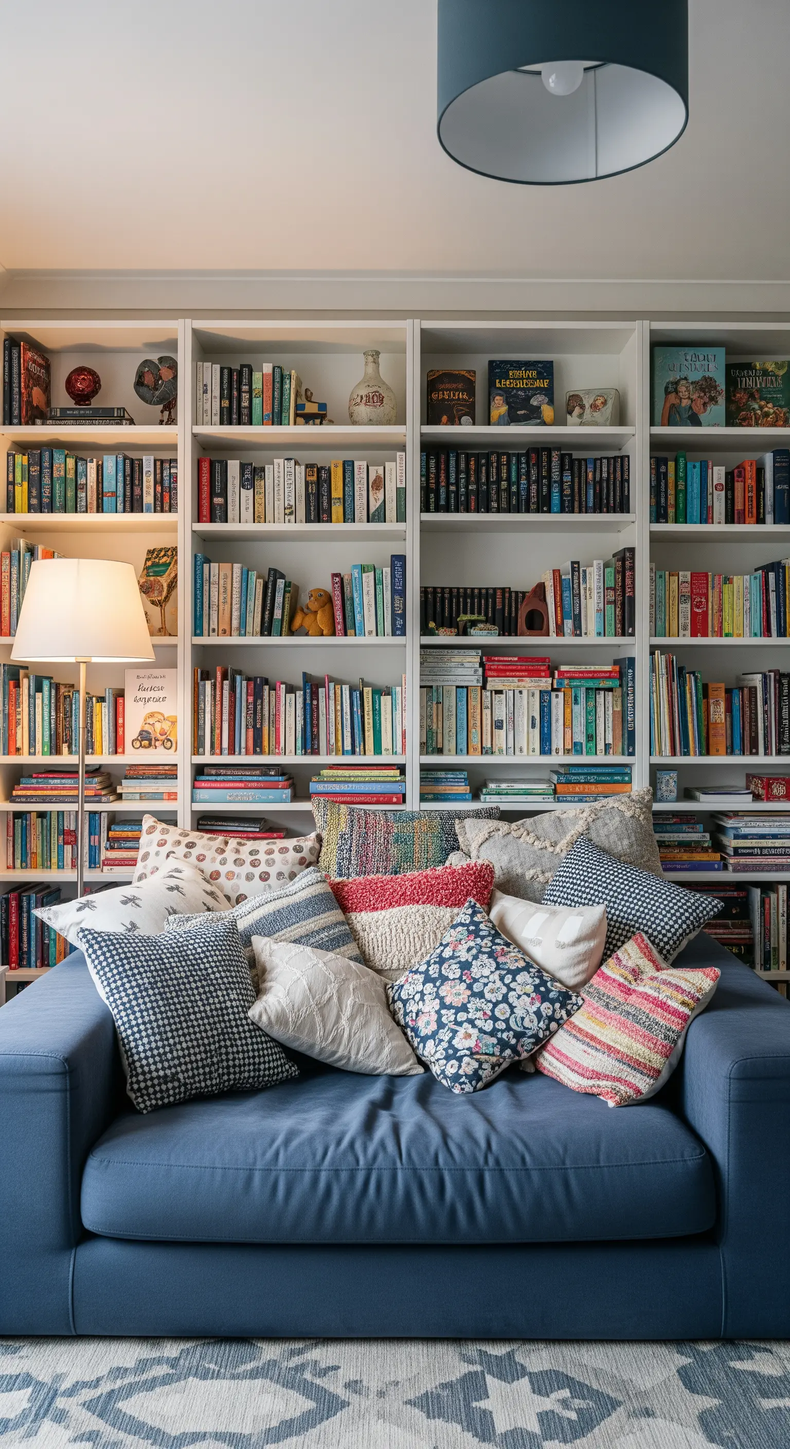 Divano blu sommerso di cuscini di fronte a una libreria bianca a tutta parete.