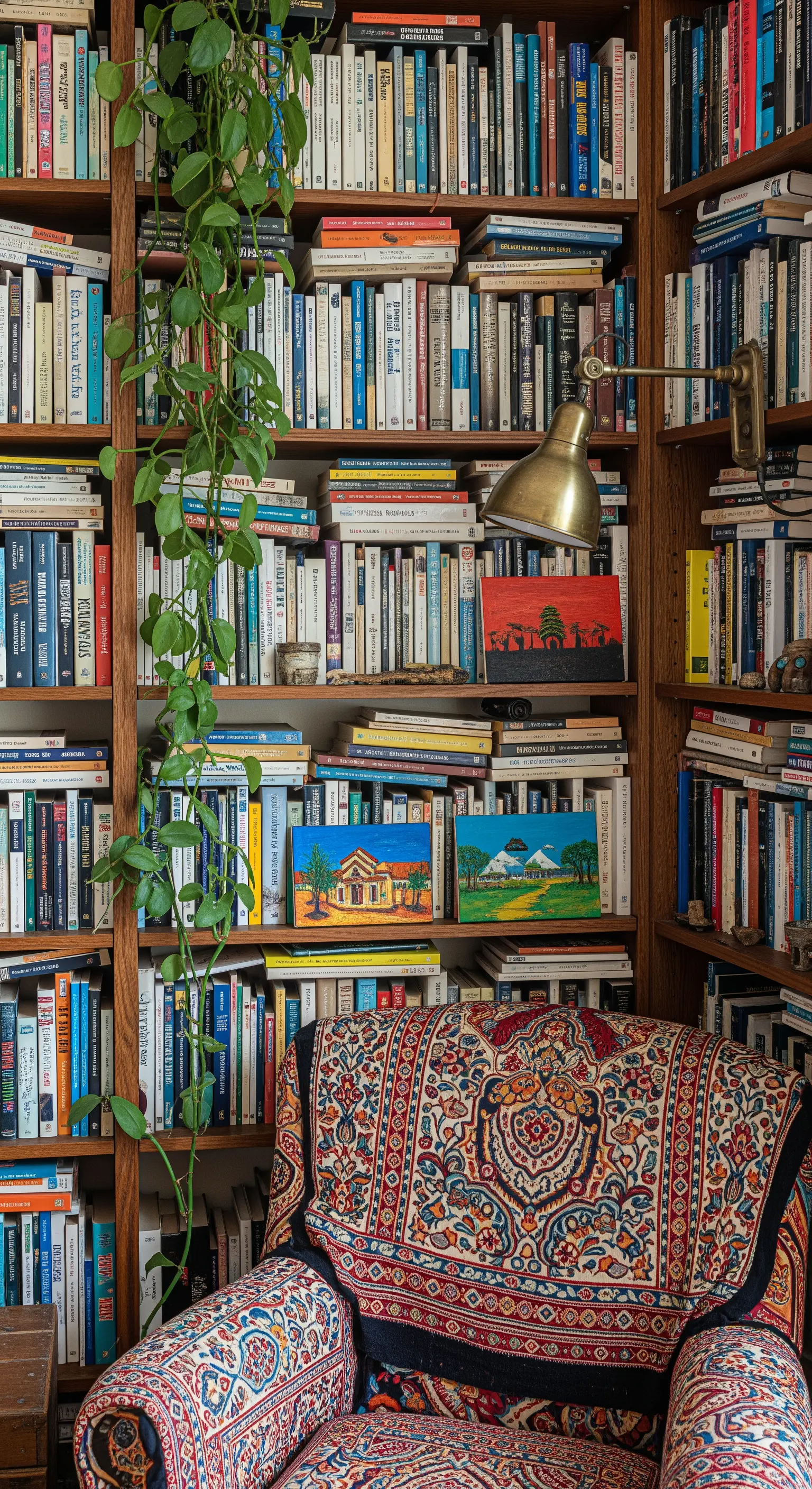 Poltrona a motivi paisley inserita in una nicchia creata da una libreria a tutta parete.