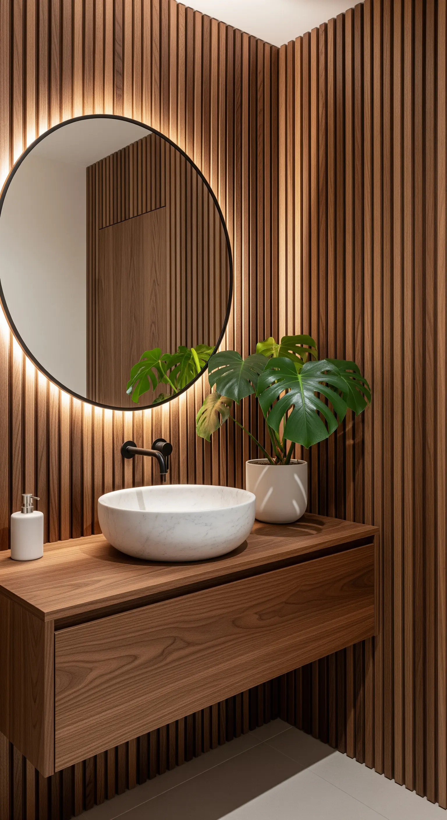 Bagno con parete in listelli di legno, specchio rotondo retroilluminato e lavabo a ciotola.