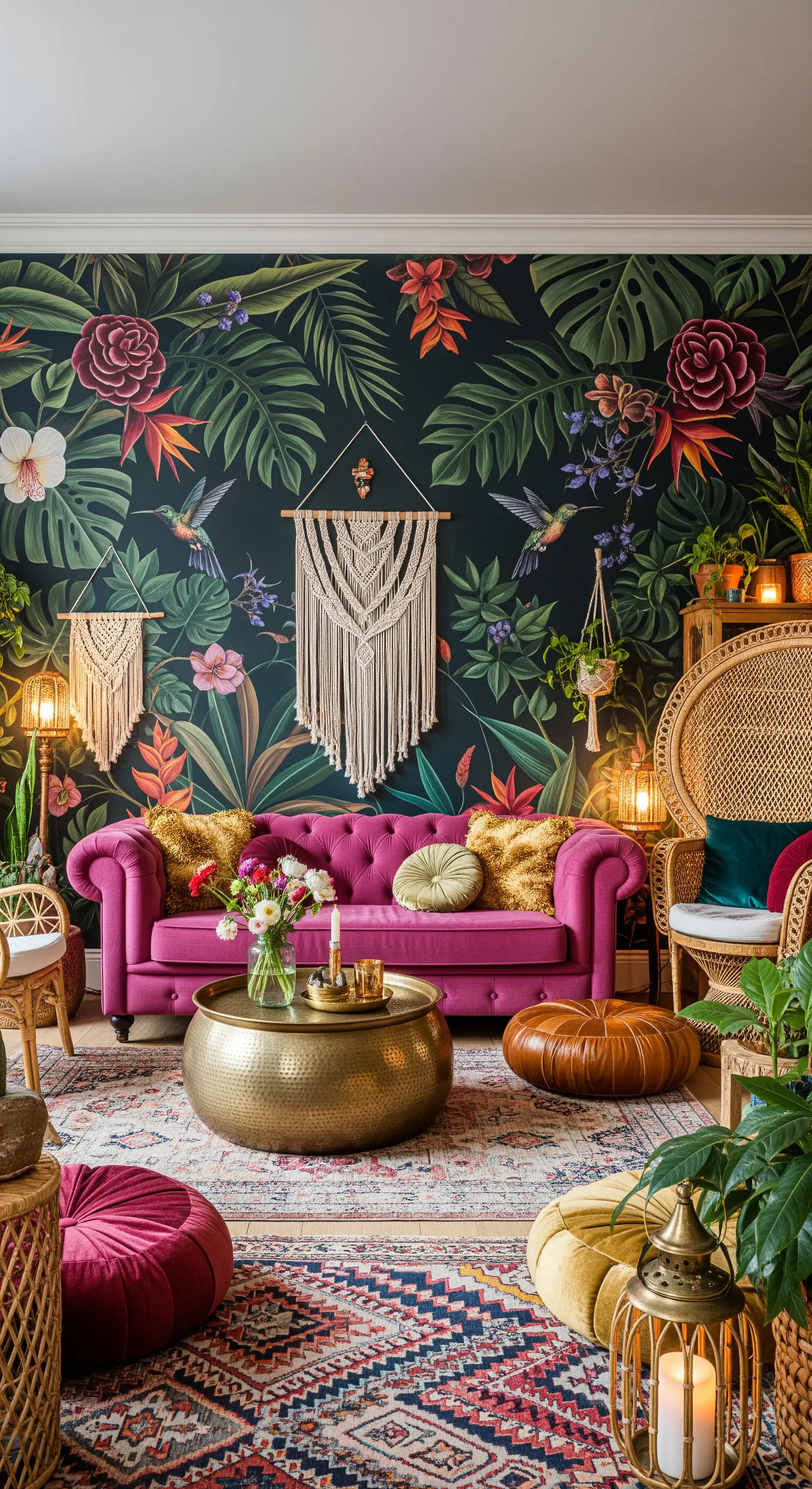 Soggiorno eclettico con murale a tema giungla scura, divano Chesterfield magenta e dettagli in ottone.