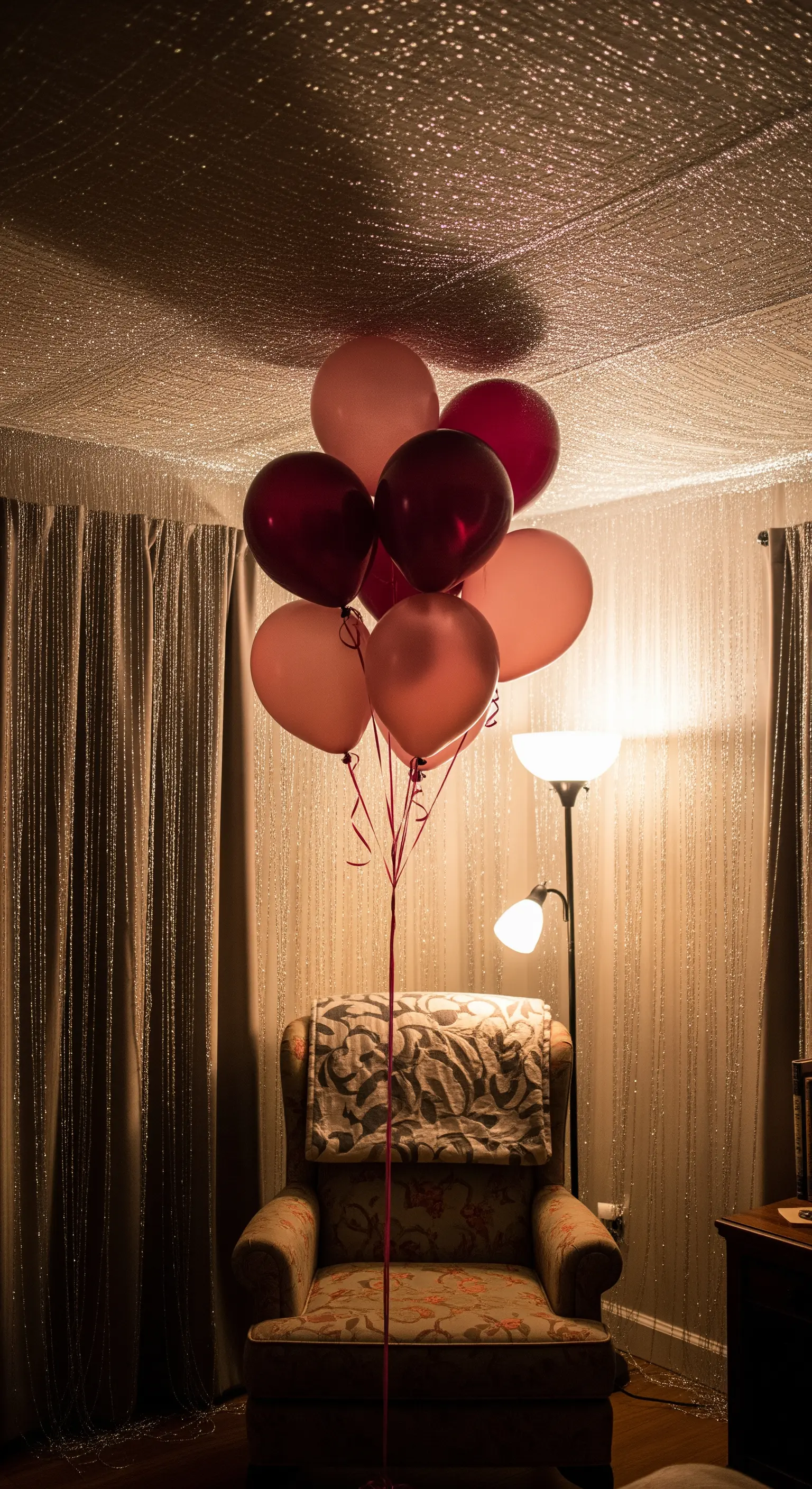 Un bouquet di palloncini rosa e bordeaux legato a una poltrona in un angolo lettura.