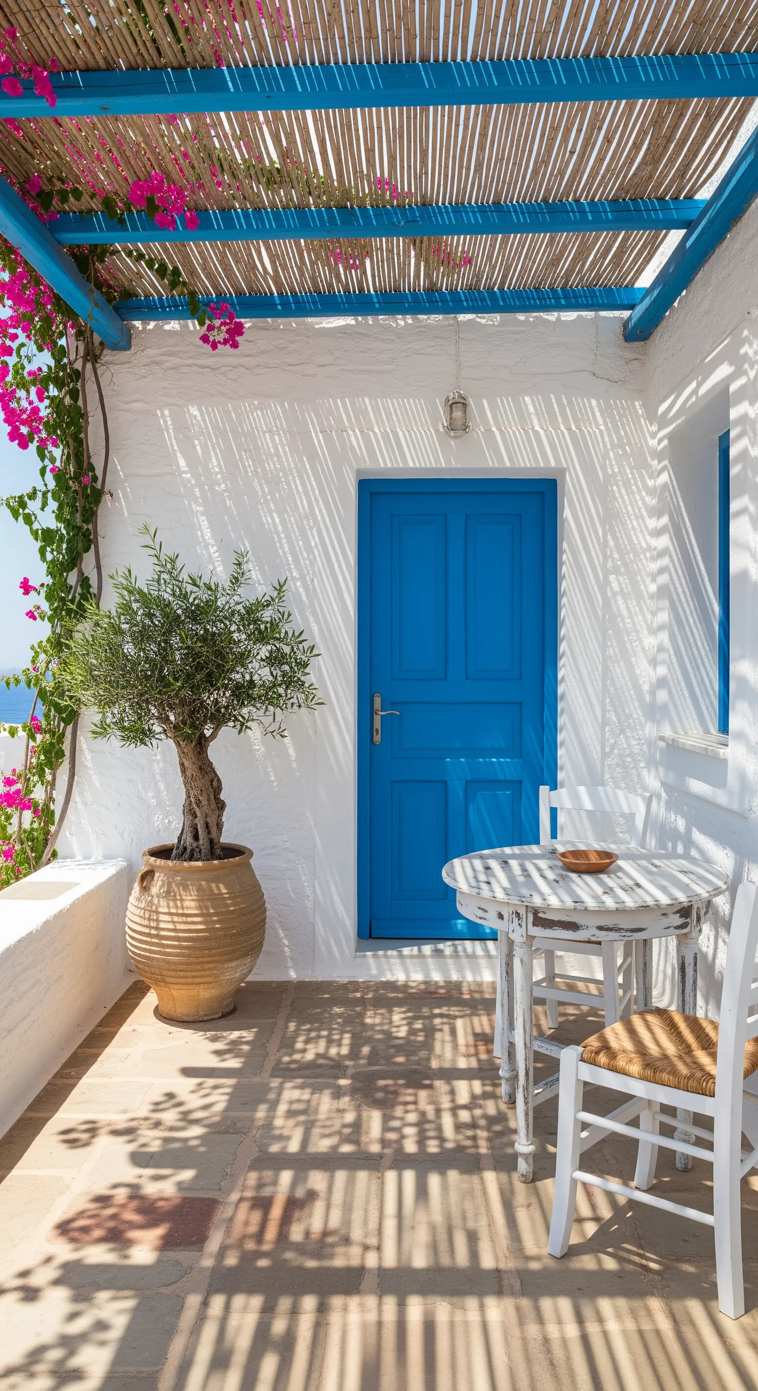 Portico in stile greco con porta blu, pergola di canne, bouganville e un ulivo in vaso.
