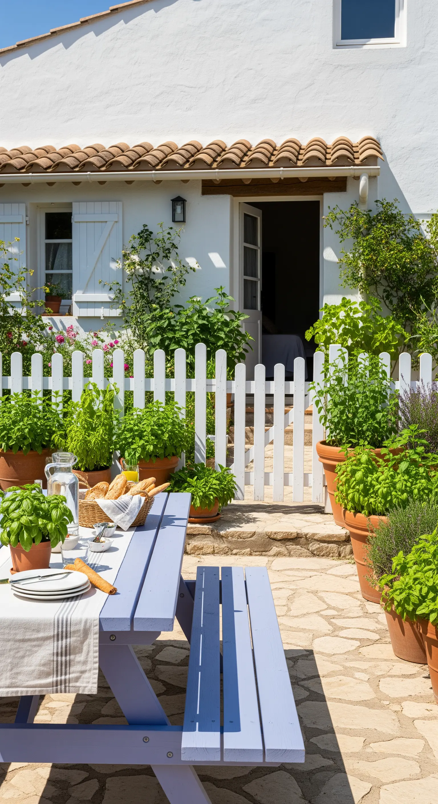 Tavolo da picnic lilla e orto aromatico in vasi di terracotta.