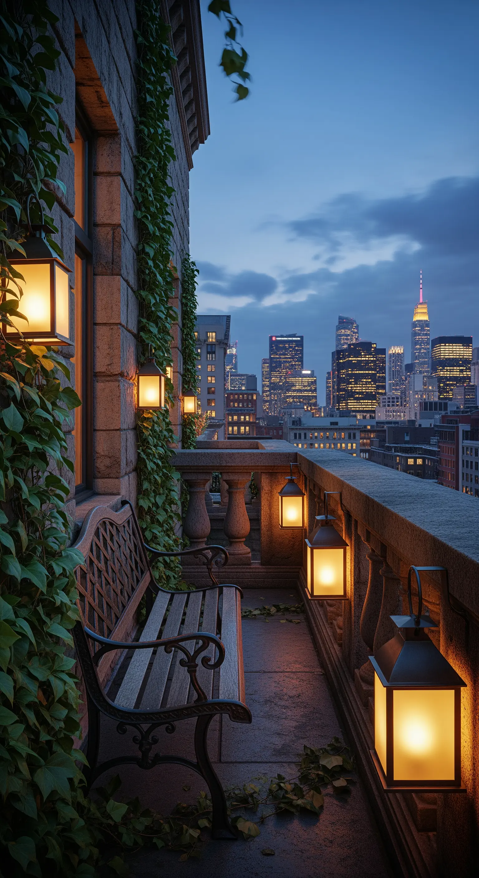 Balcone con vista sullo skyline, panchina in ferro battuto e pareti coperte d'edera illuminate da lanterne.