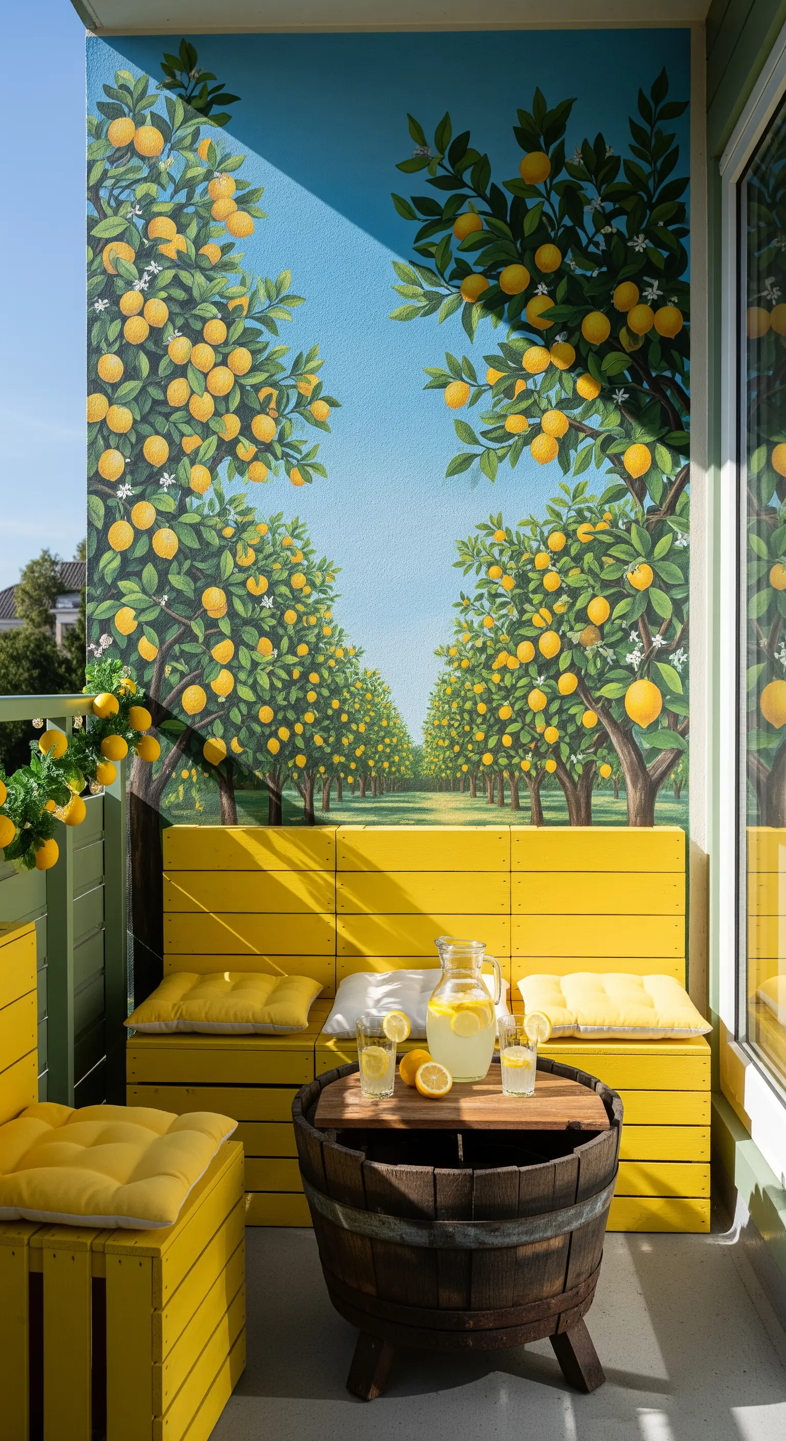 Balcone con murale di un limoneto e arredi in legno dipinti di giallo brillante.