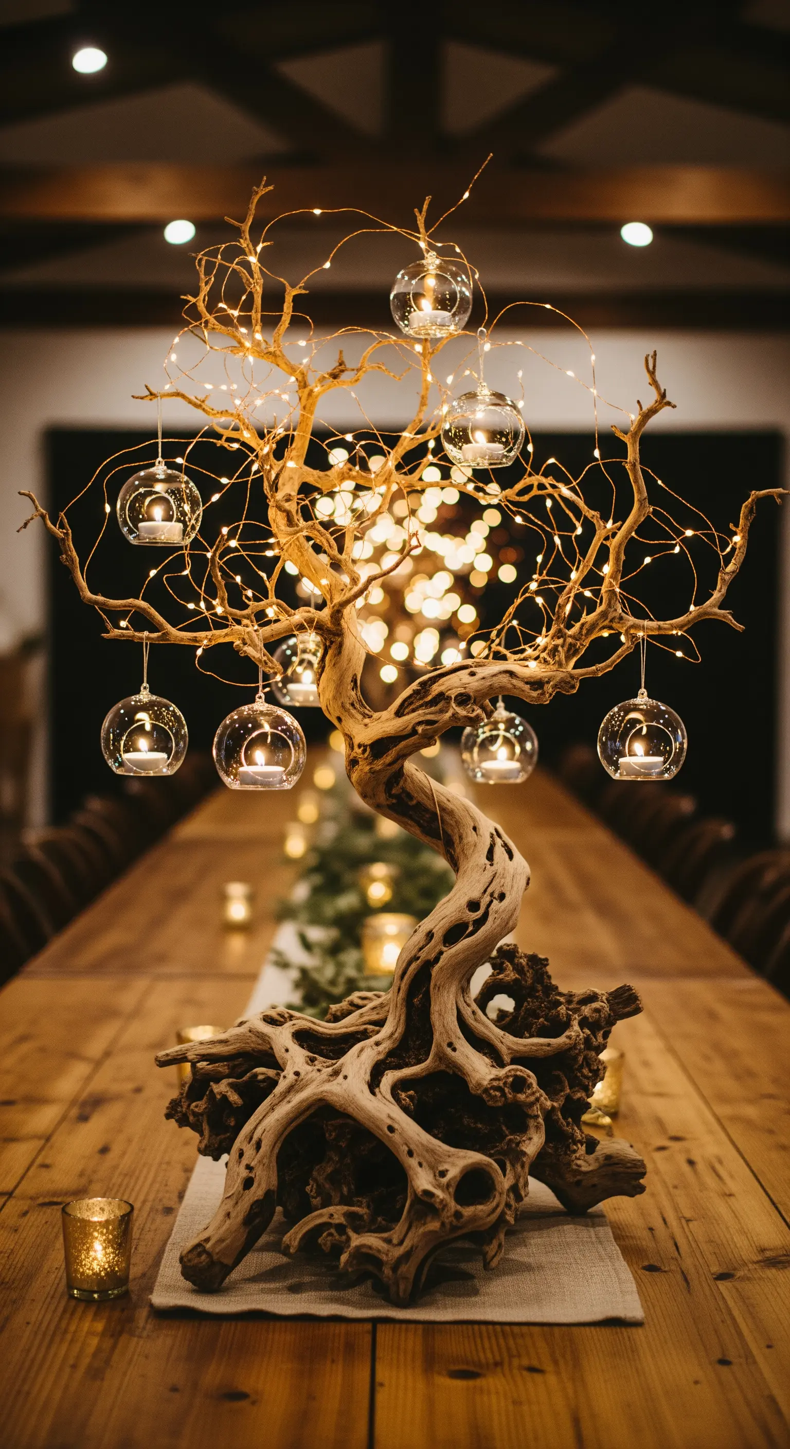 Centrotavola scultoreo realizzato con un ramo contorto, lucine e candele sospese in sfere di vetro.