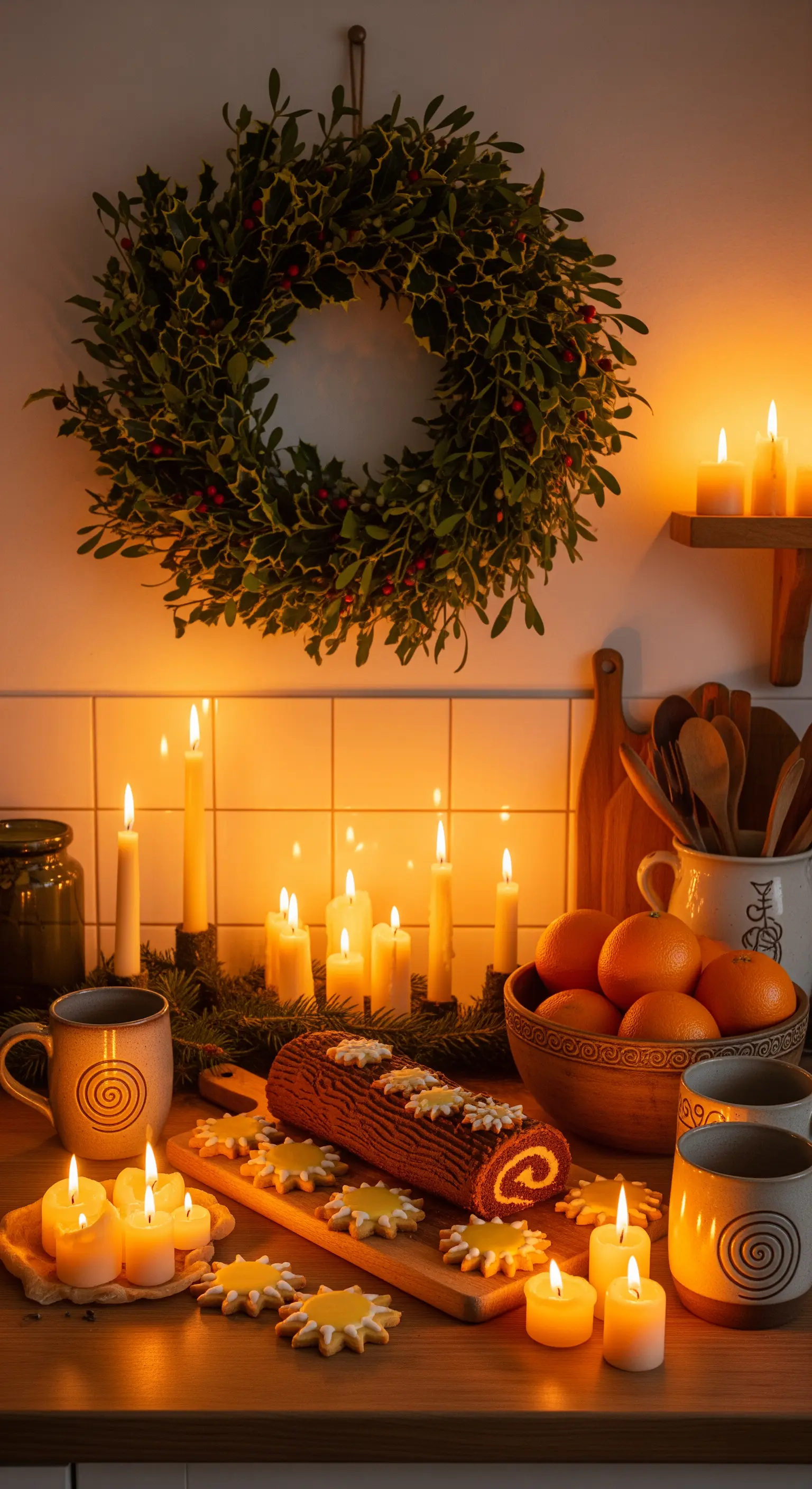 Piano di lavoro in legno con una grande ghirlanda di agrifoglio, illuminato da un gruppo di candele accese.