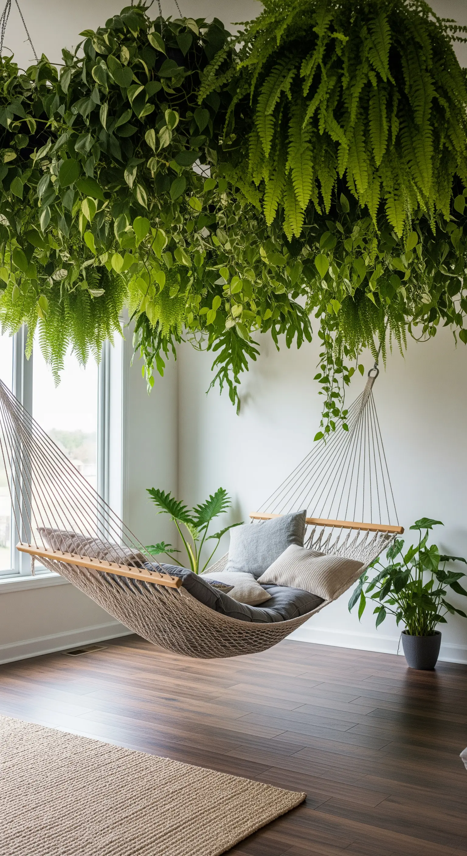 Amaca sospesa in una stanza luminosa, con un soffitto coperto da piante pensili.
