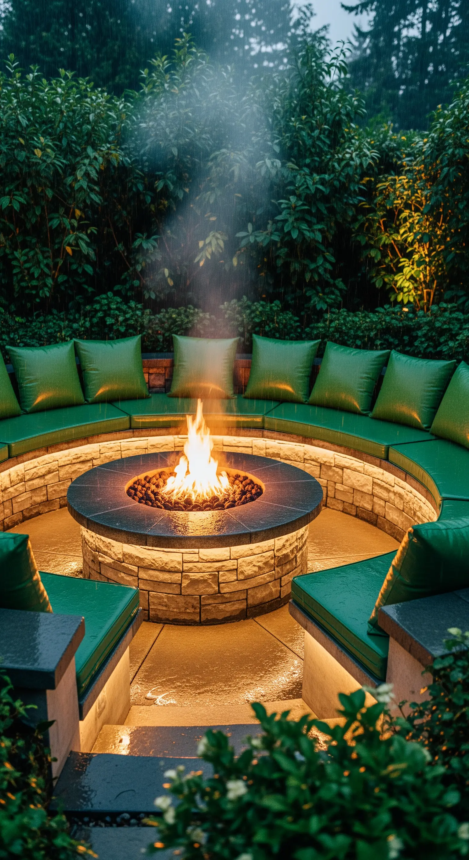 Seduta circolare in pietra con cuscini verdi attorno a un braciere, illuminata da luci LED.