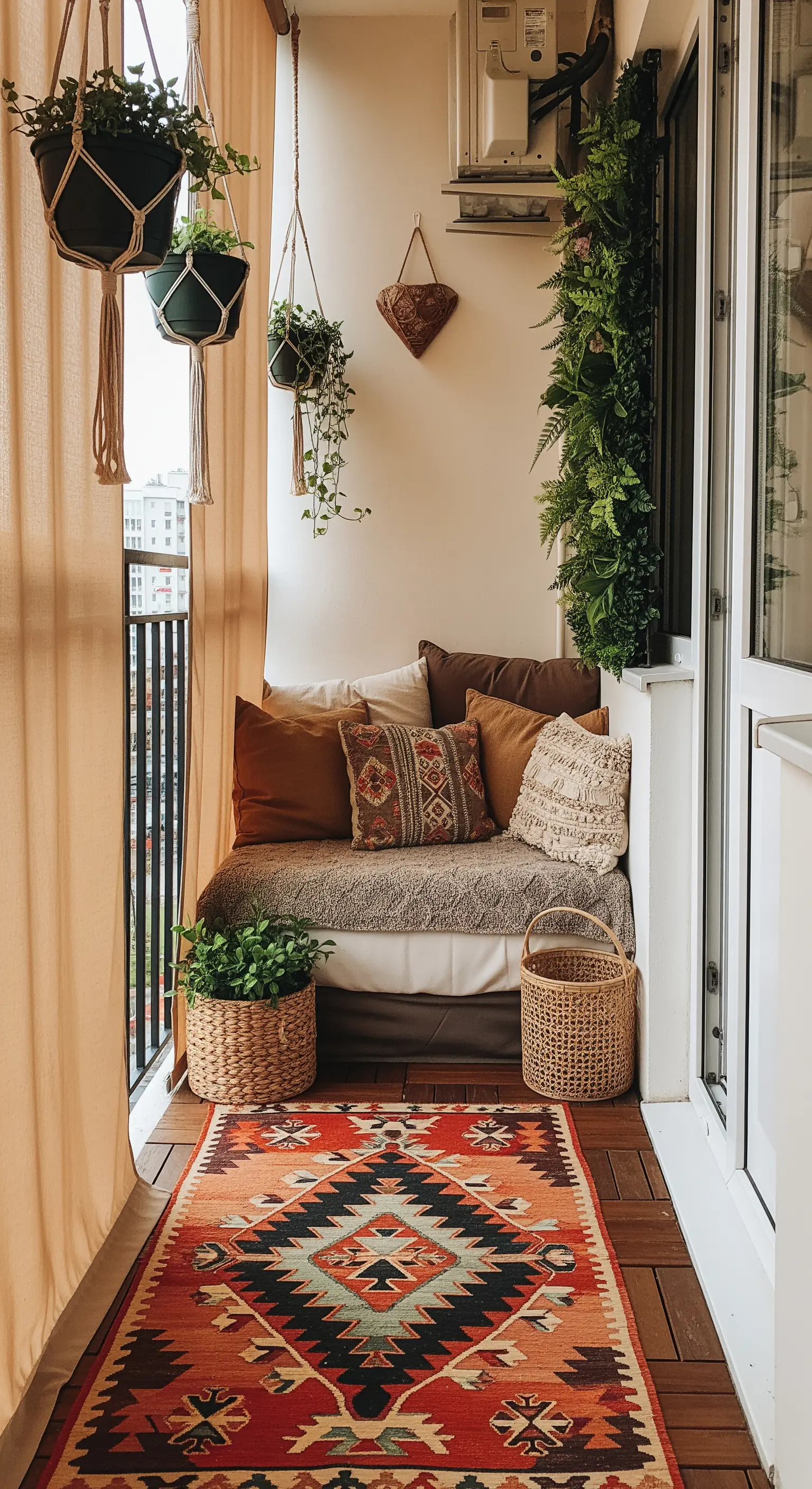Piccolo balcone bohémien con daybed, tappeto kilim, cuscini etnici e piante appese.