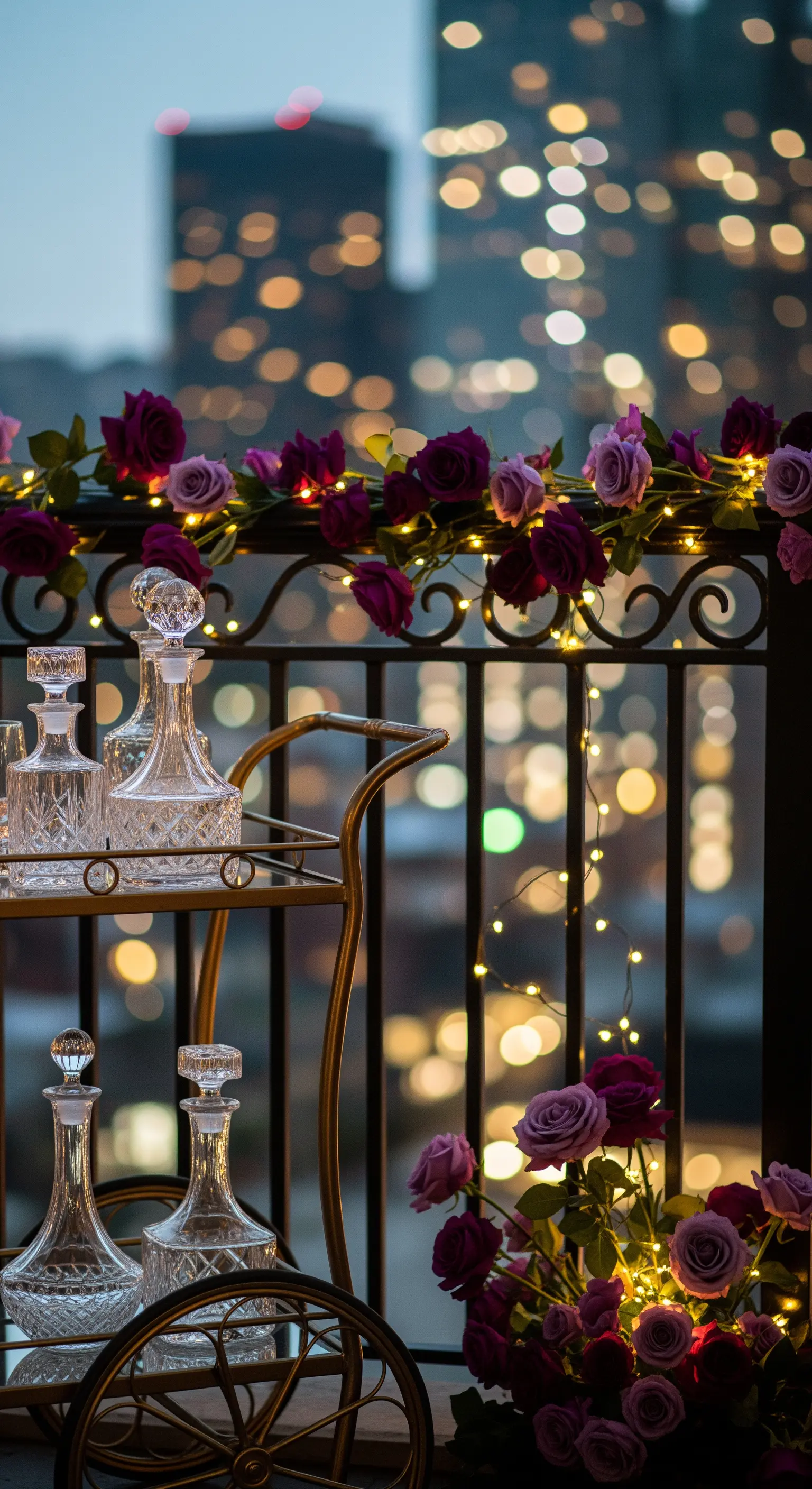 Carrello bar dorato su un balcone di notte, con rose, decanter e le luci della città.