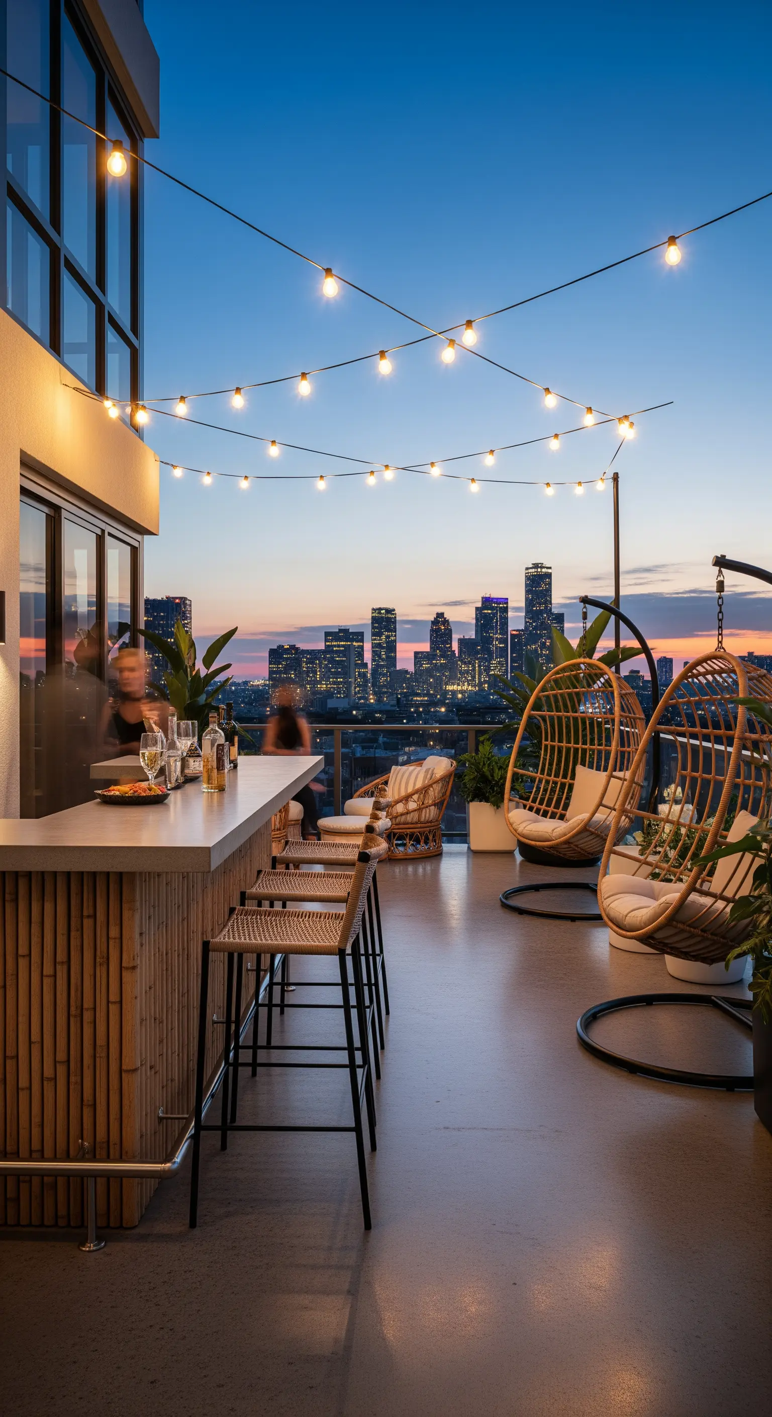 Rooftop bar con bancone rivestito in bambù e sedute sospese.