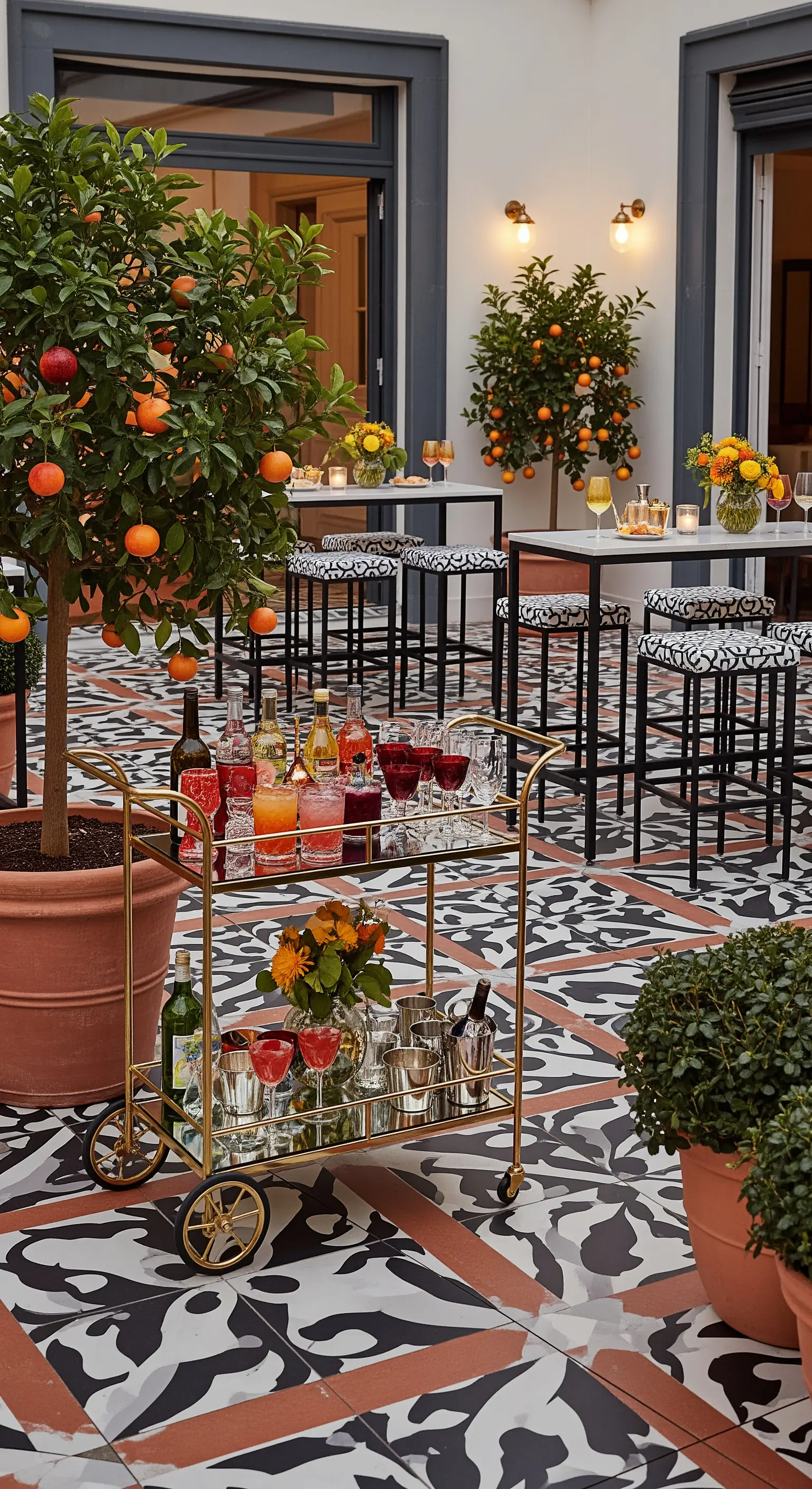 Angolo bar in un patio con carrello dorato, sgabelli e un pavimento a motivi grafici.