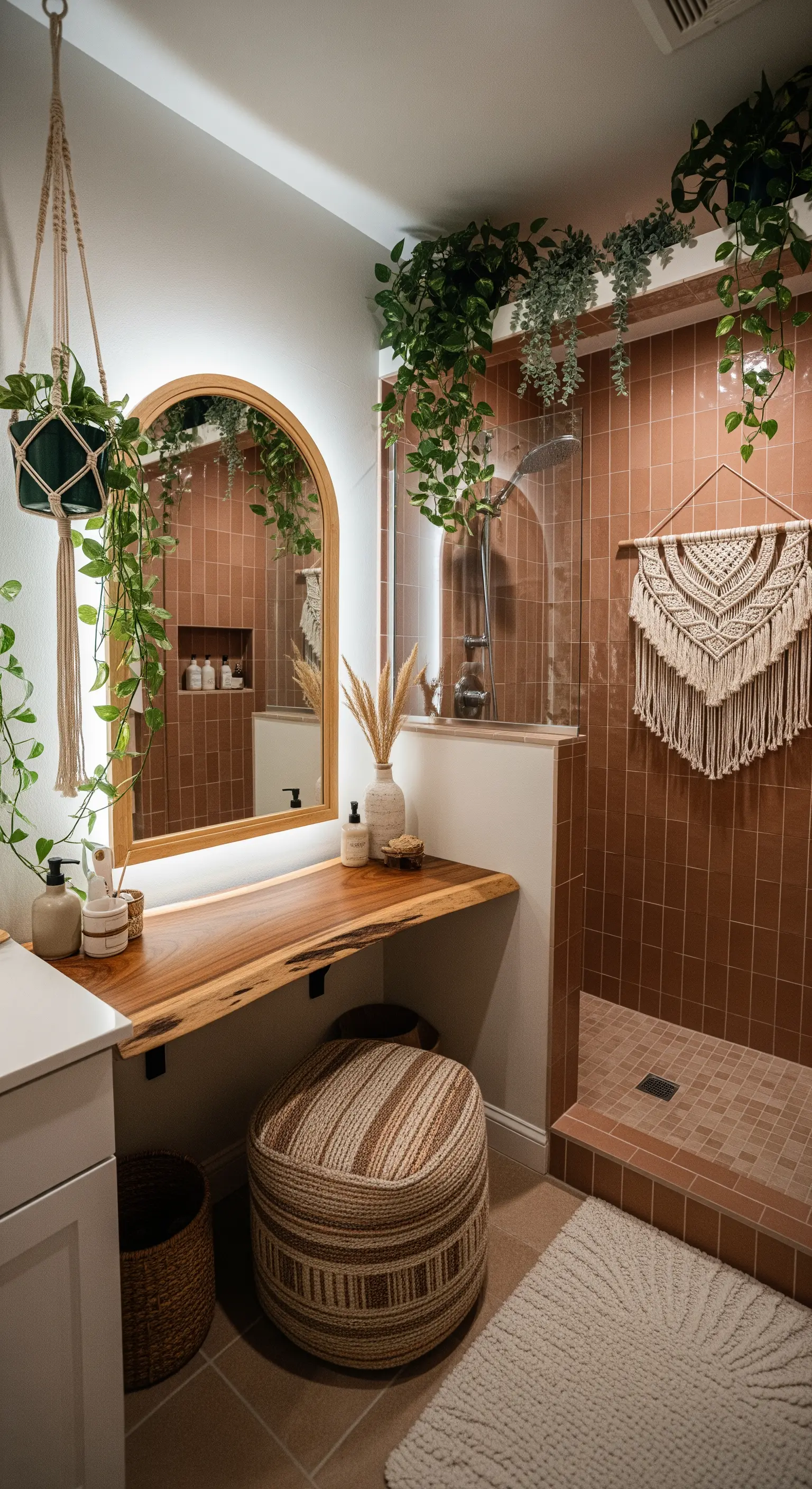 Postazione trucco in legno grezzo con specchio ad arco e piante pensili.