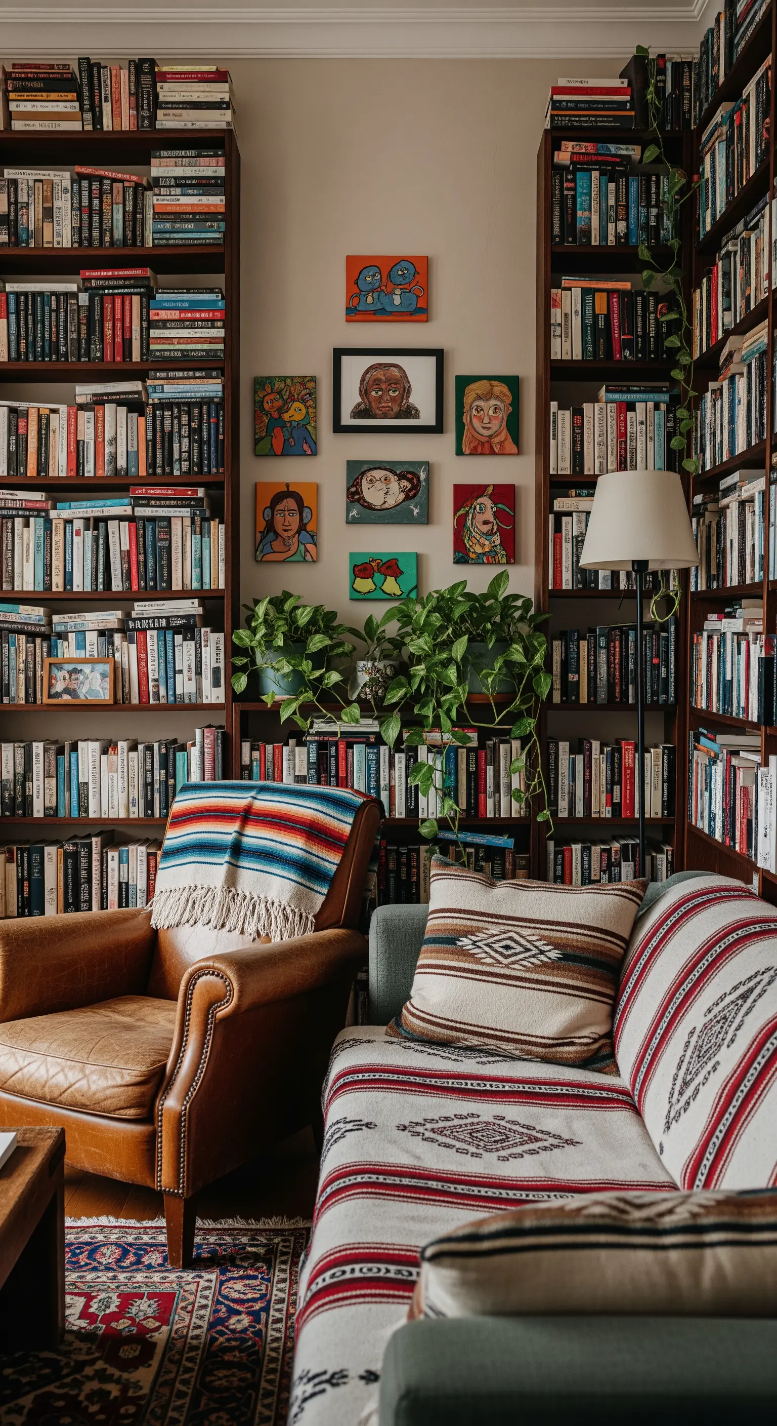 Angolo lettura con librerie, poltrona in pelle e un divano coperto da tessuti etnici.