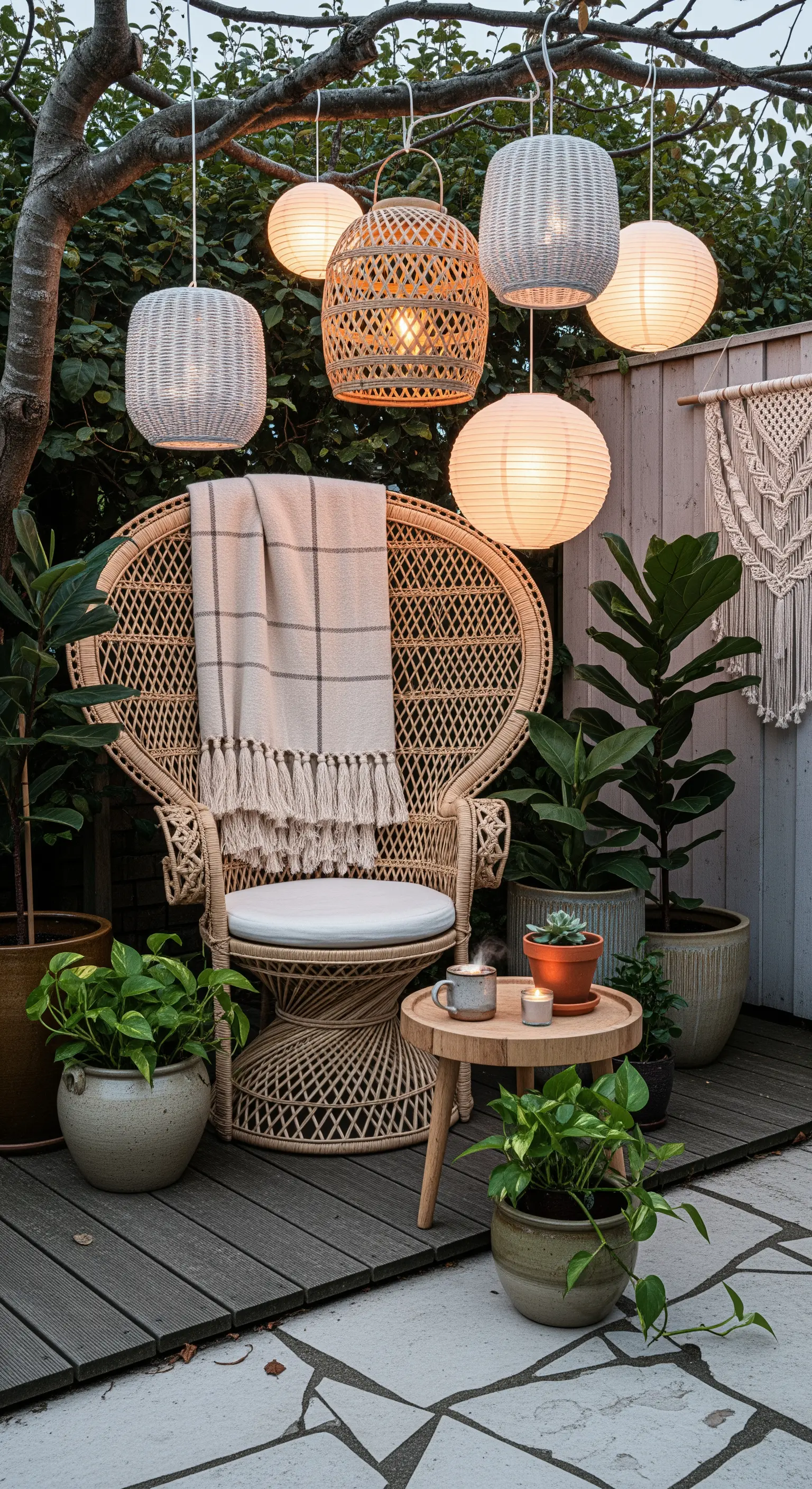 Angolo patio con poltrona in rattan, plaid, piante in vaso e un mix di lanterne sospese.
