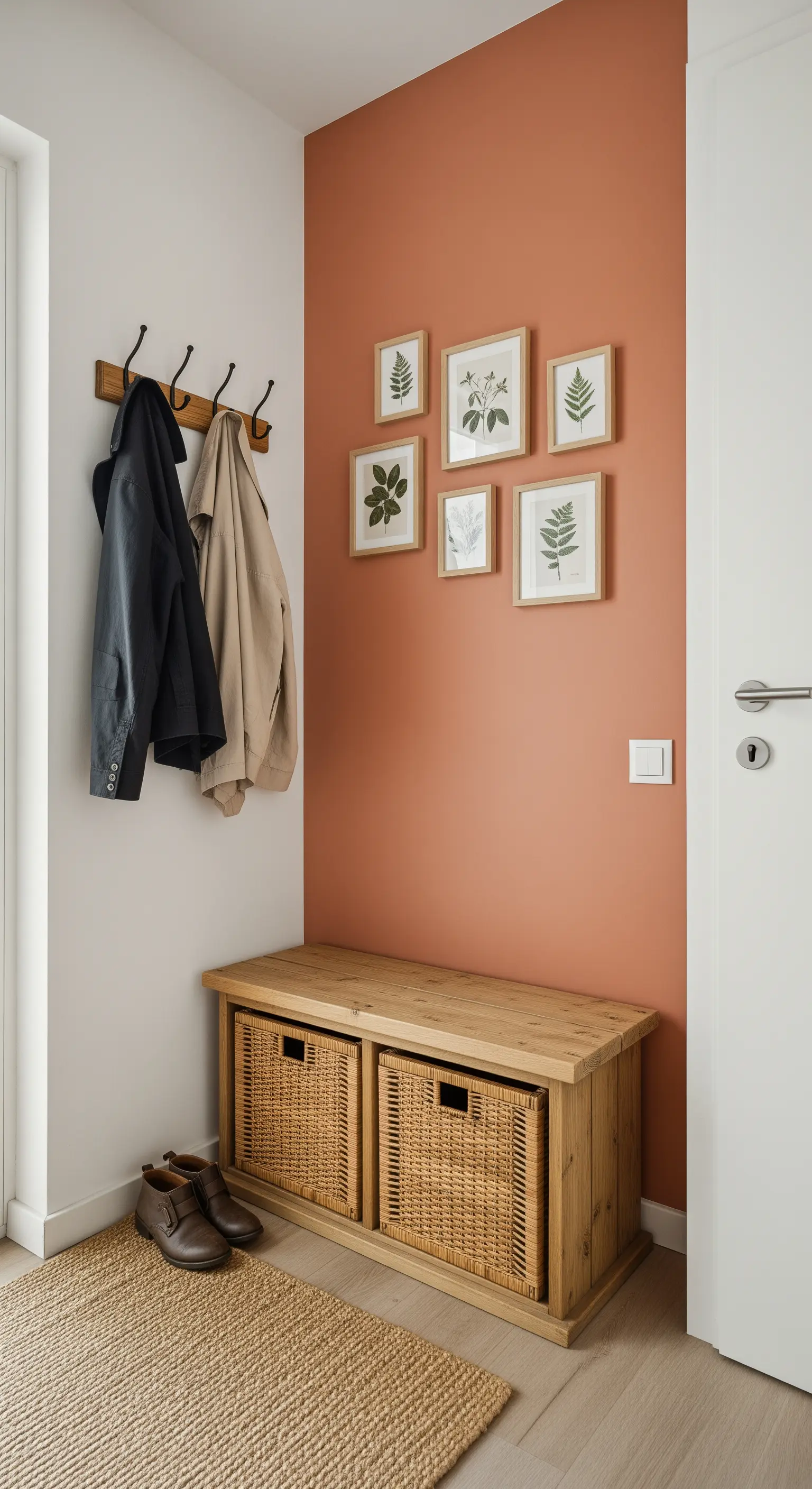 Panca contenitore in legno contro una parete color terracotta con stampe botaniche.