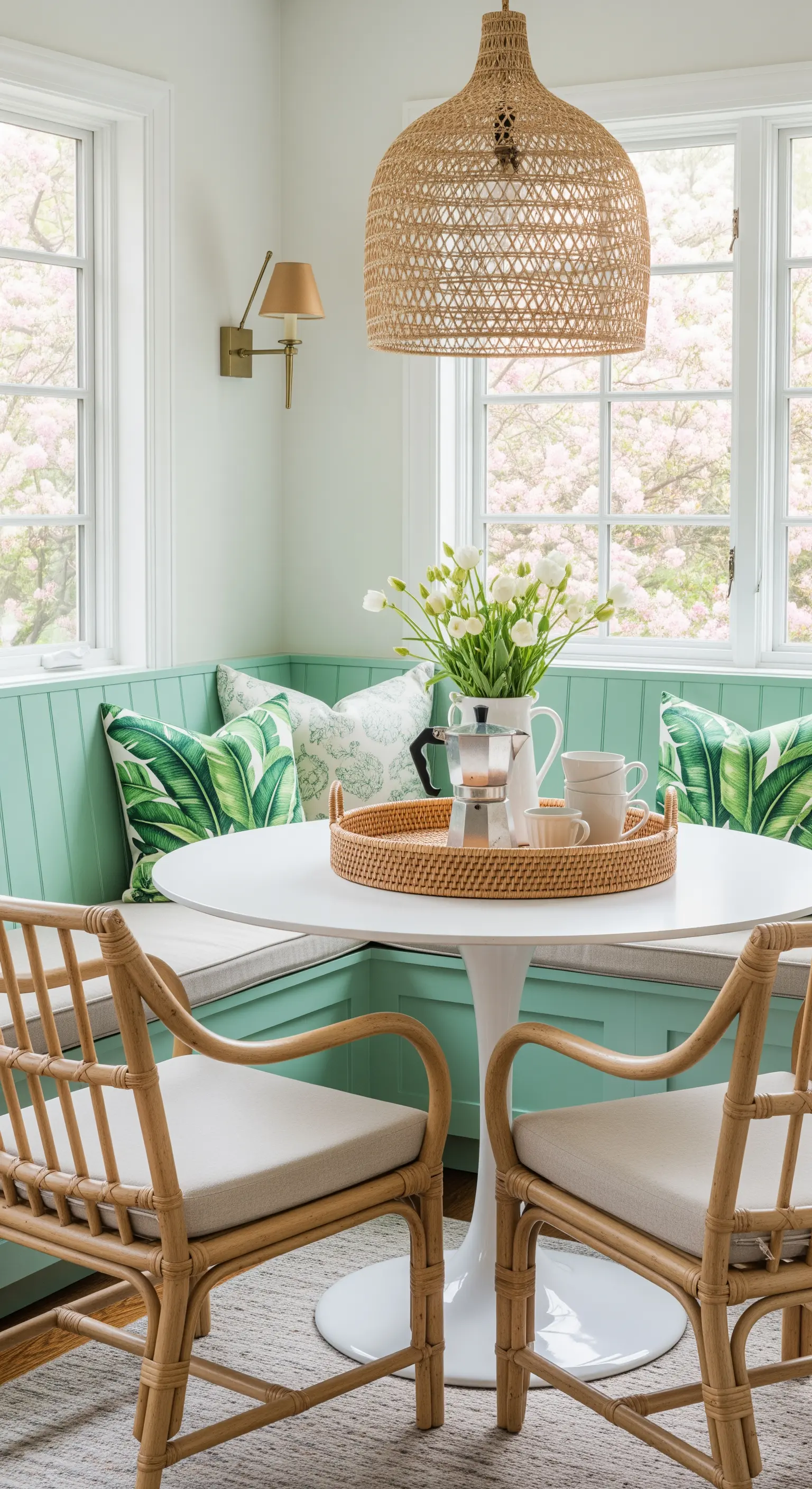 Angolo colazione con panca su misura verde menta, cuscini a tema tropicale e sedie in rattan.