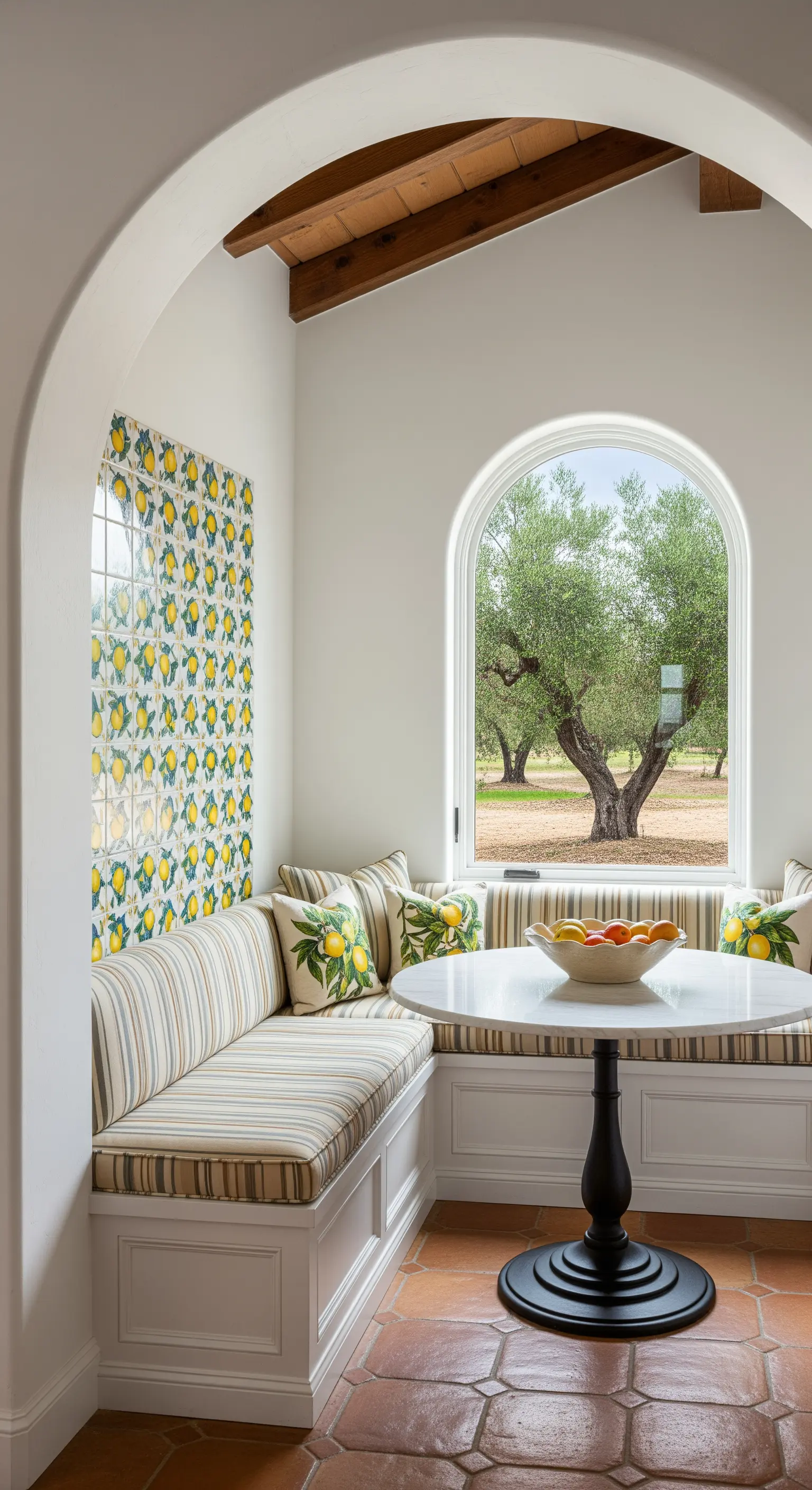 Angolo colazione con panca, tavolo rotondo e parete rivestita di maioliche a tema limoni.