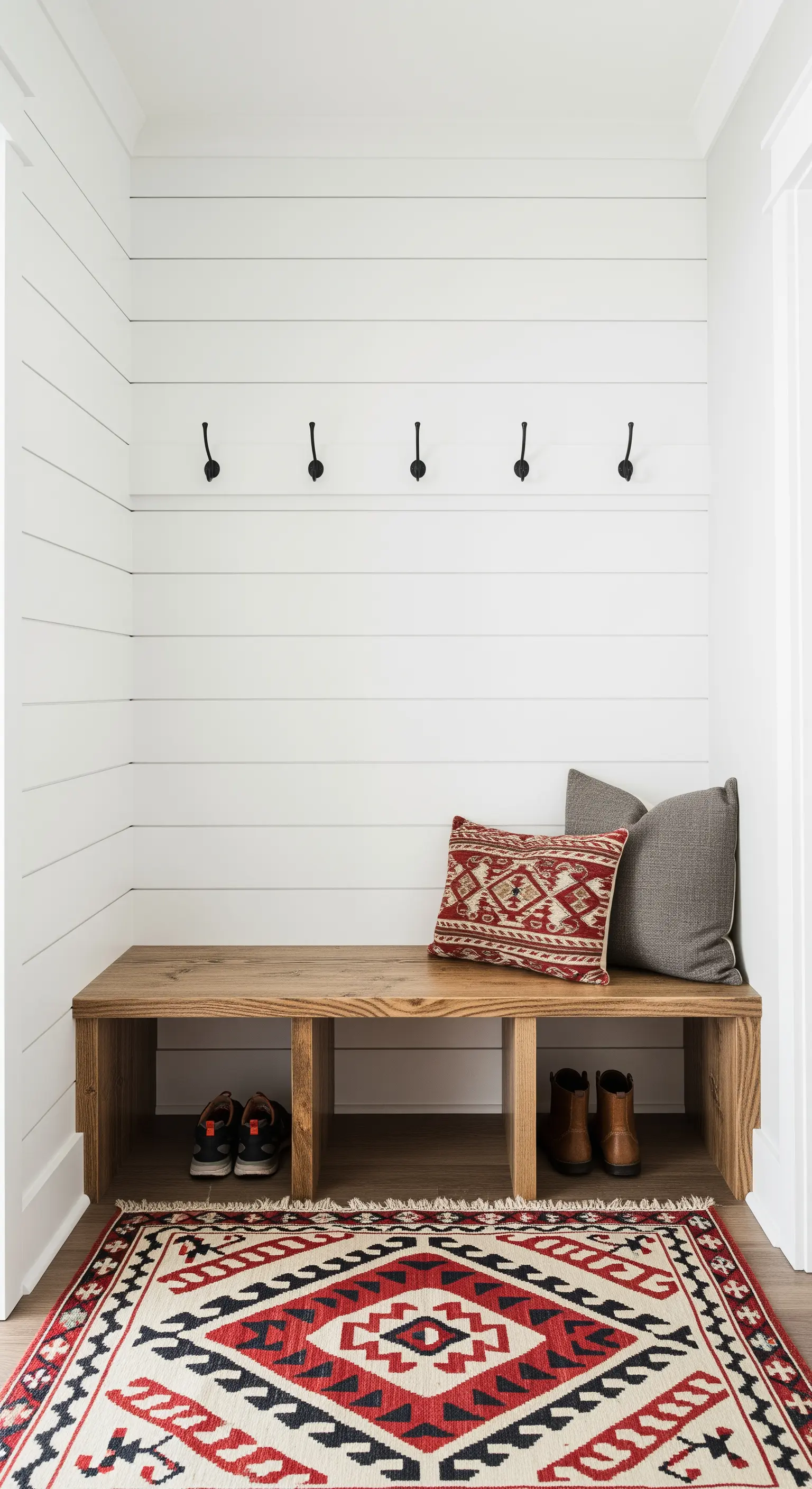 Angolo ingresso con panca in legno, ganci neri su parete bianca e tappeto etnico colorato.