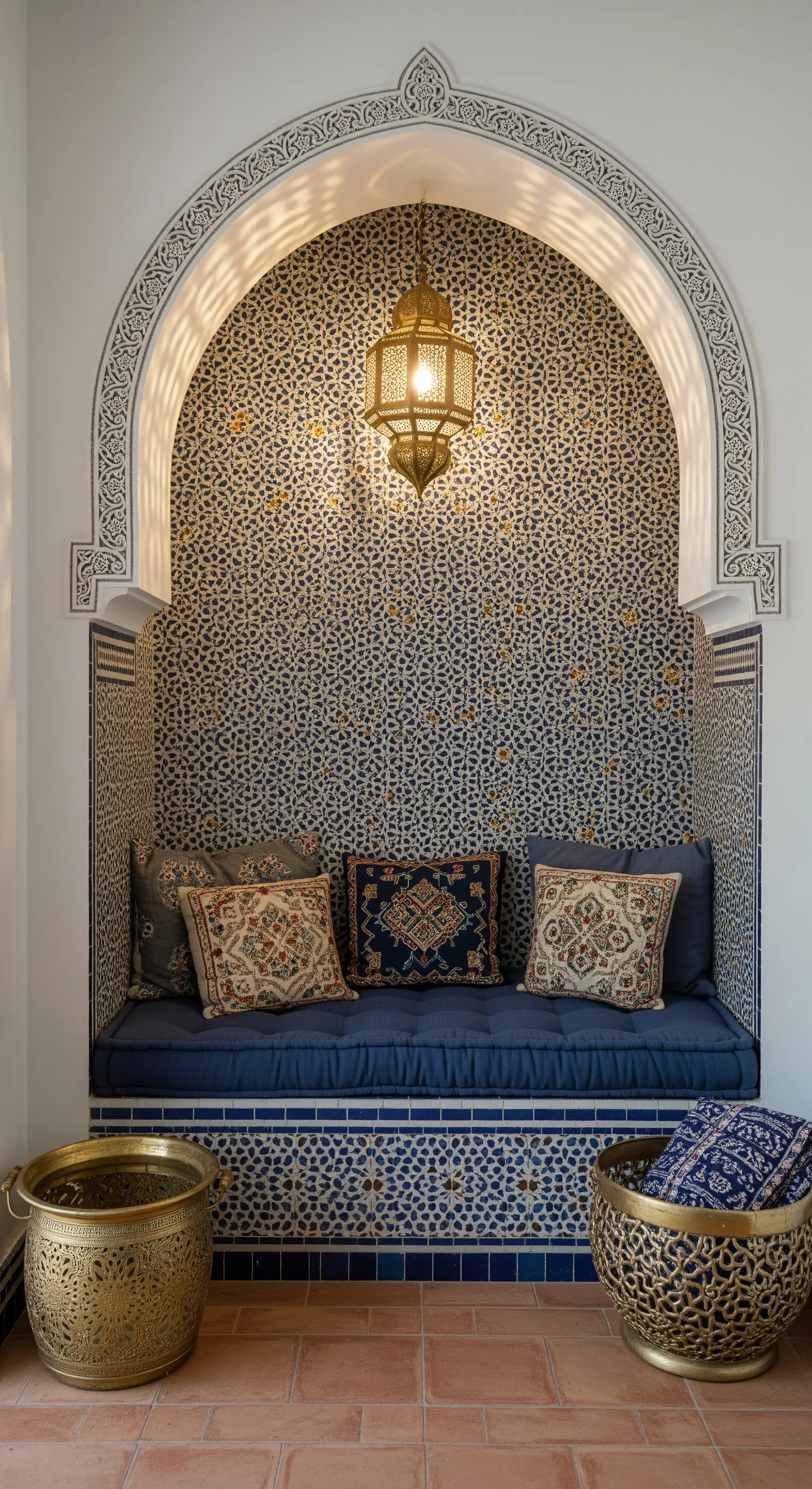 Nicchia ad arco in stile marocchino con piastrelle a mosaico, lanterna e cuscini etnici.
