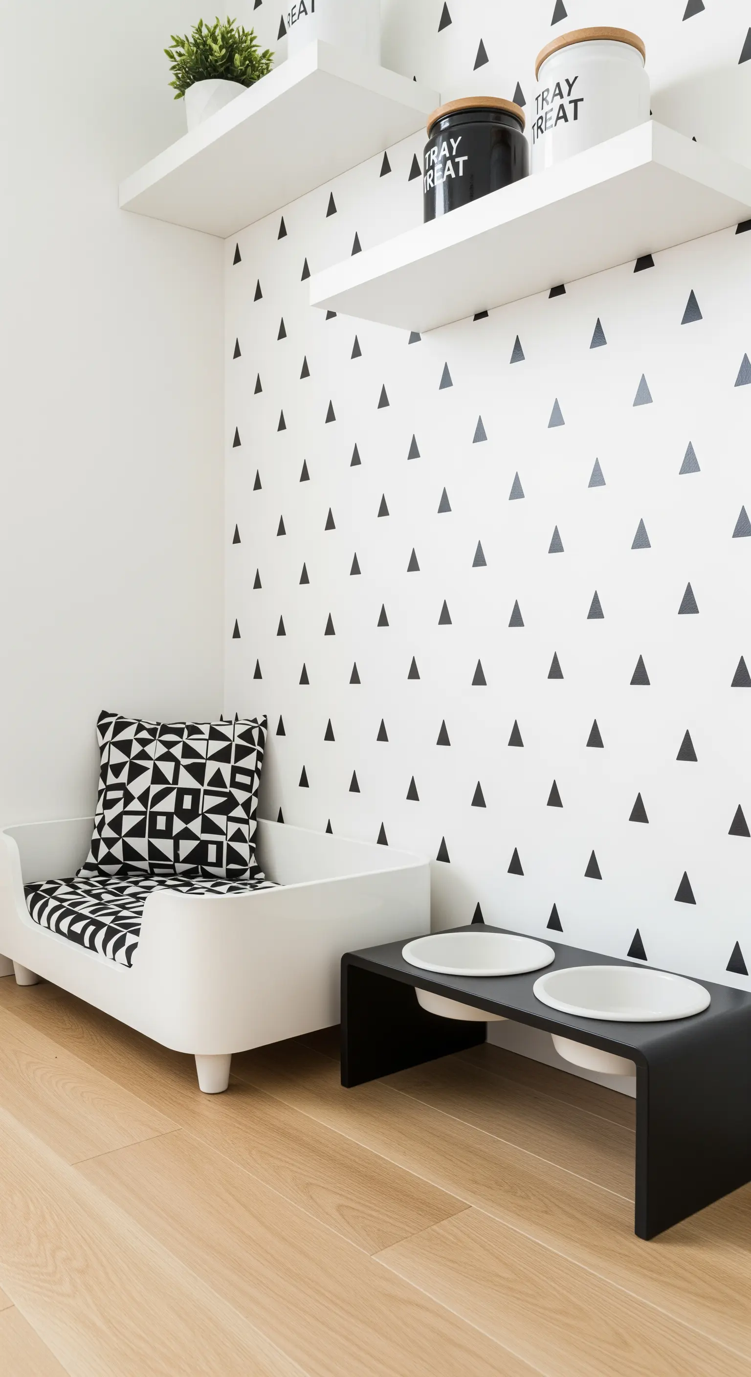 Angolo per animali domestici con cuccia bianca, ciotole nere e parete a triangoli.
