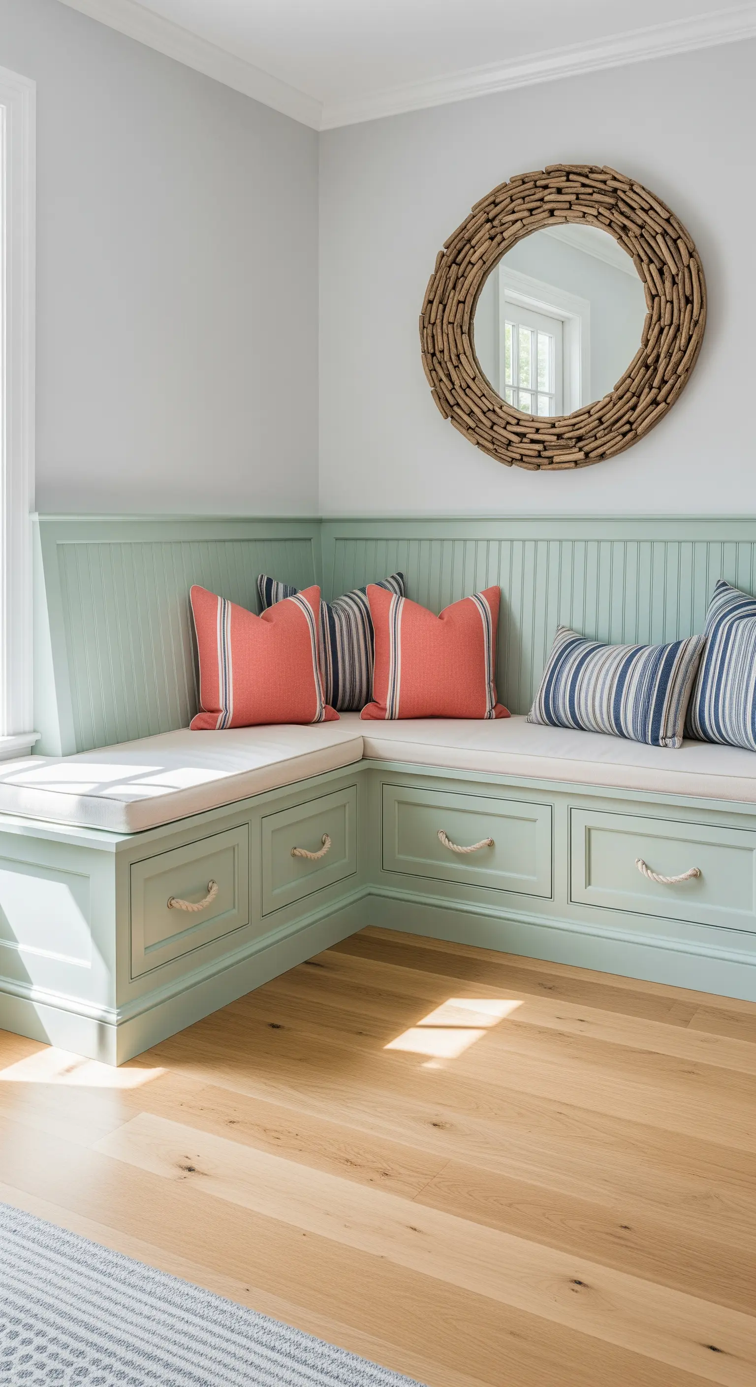 Panca angolare verde menta con cuscini color corallo e a righe e maniglie in corda.