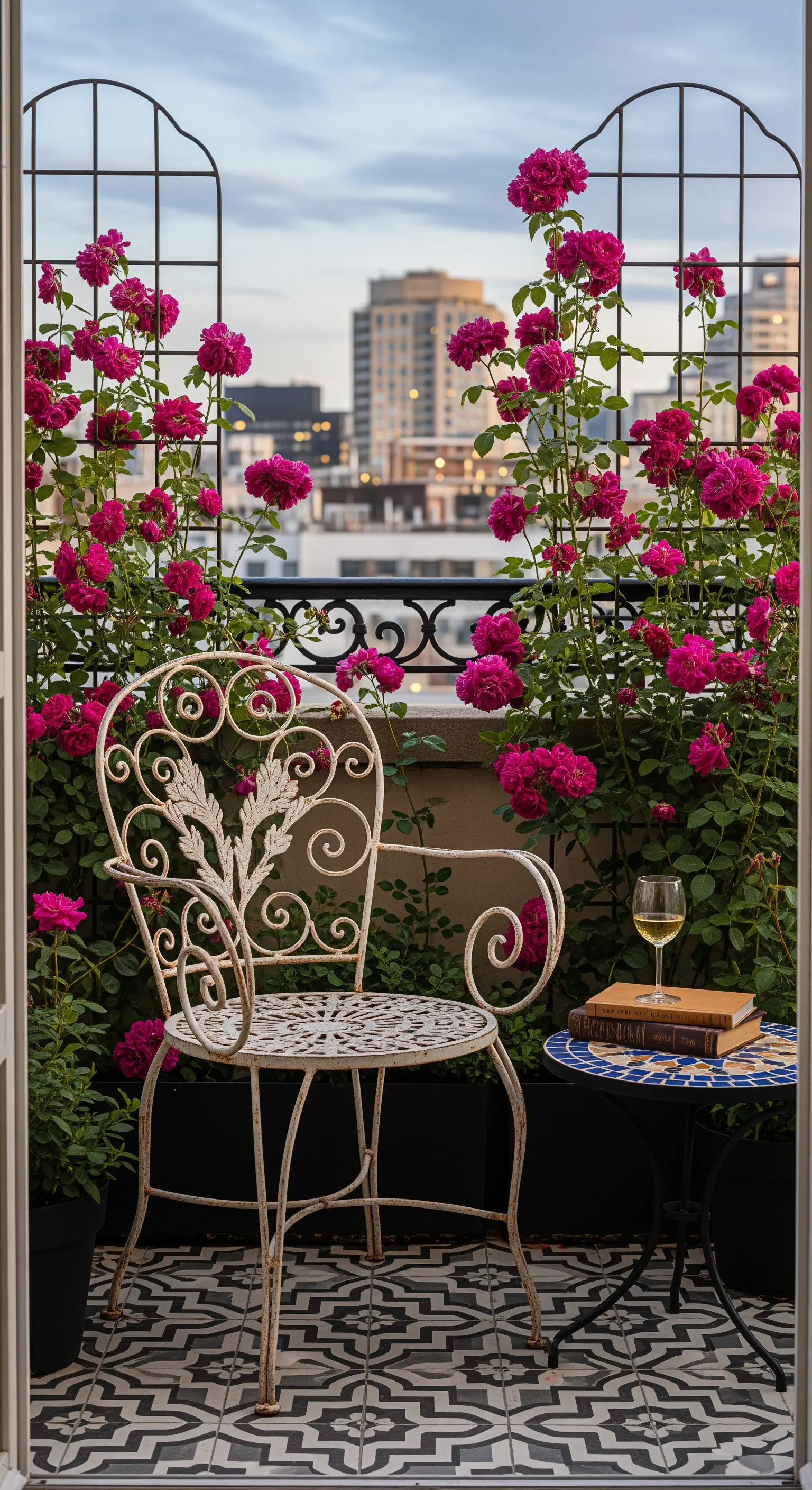 Angolo lettura su un balcone urbano con sedia in ferro battuto bianco e rose fucsia.