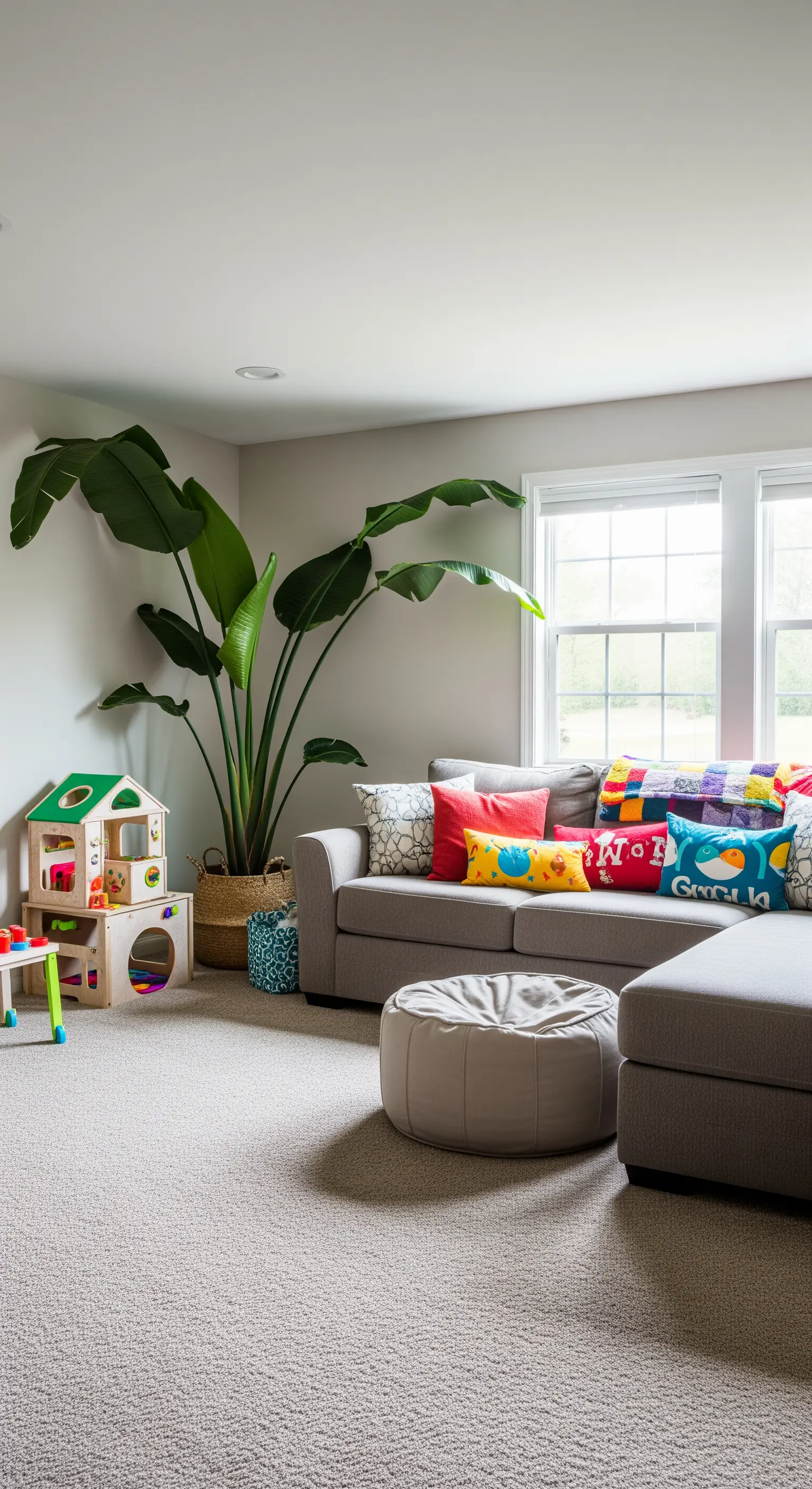 Una grande Strelitzia in un cesto di vimini nell'angolo di una stanza dei giochi per bambini.