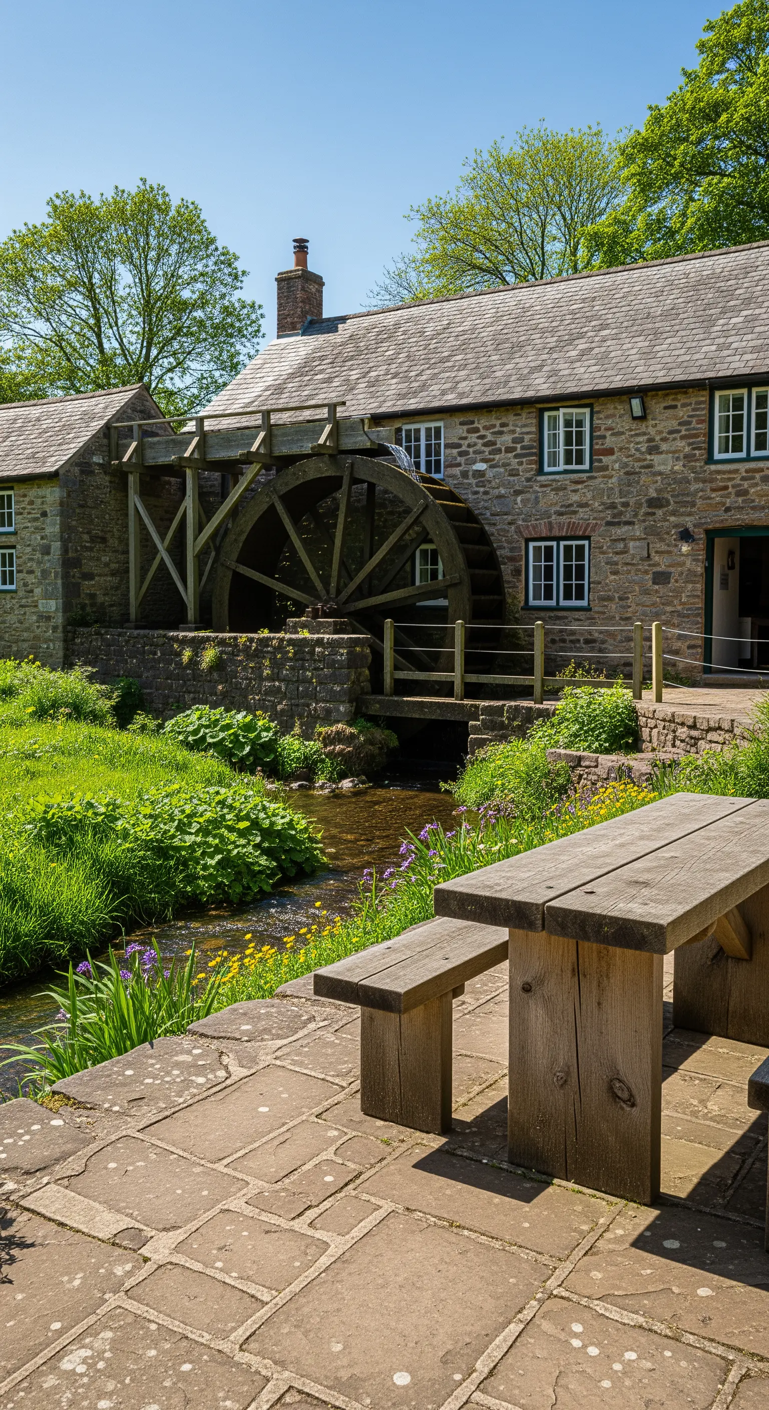 Tavolo da picnic in legno invecchiato accanto a un antico mulino ad acqua in pietra.