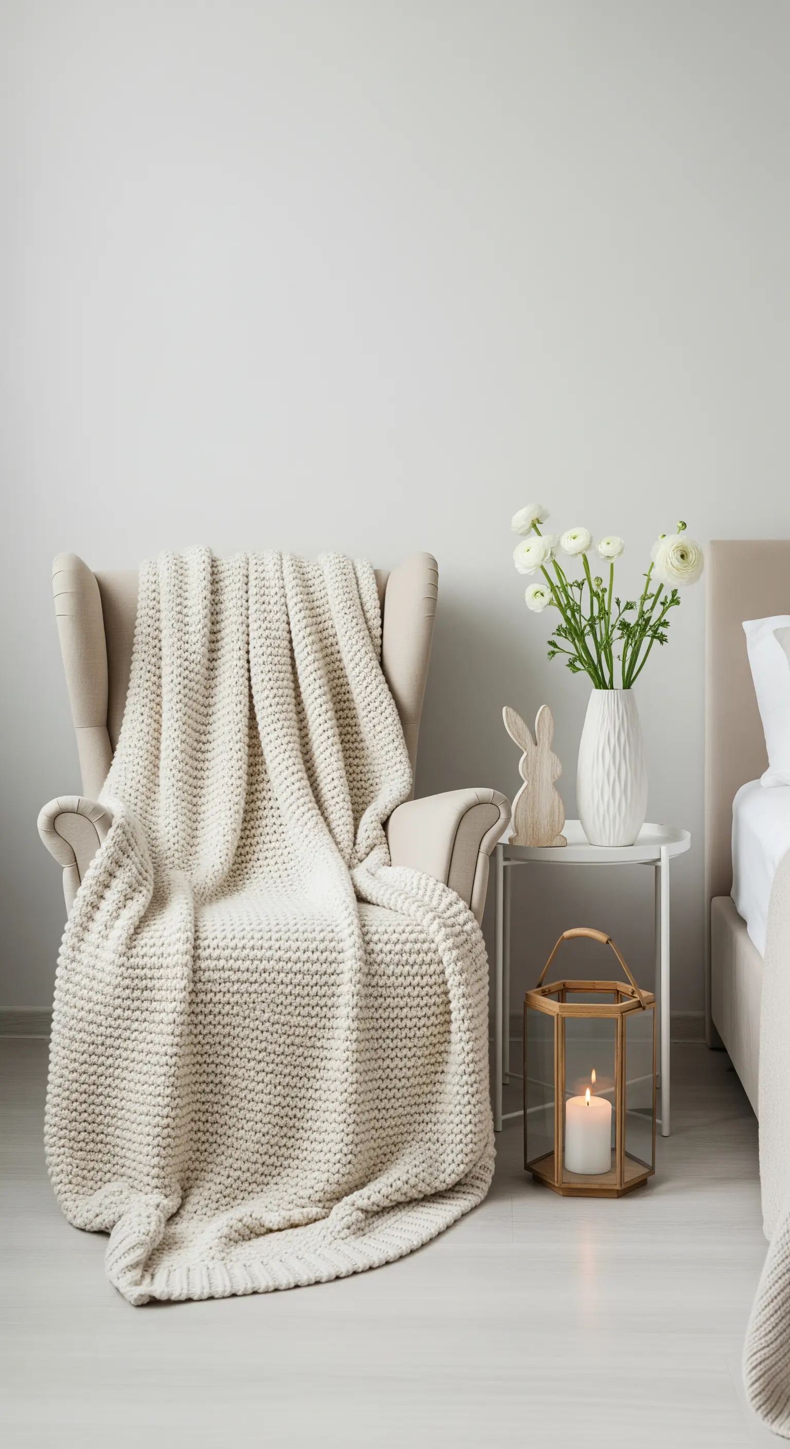 Angolo relax pasquale con poltrona, coperta, lanterna e un piccolo coniglio in legno.