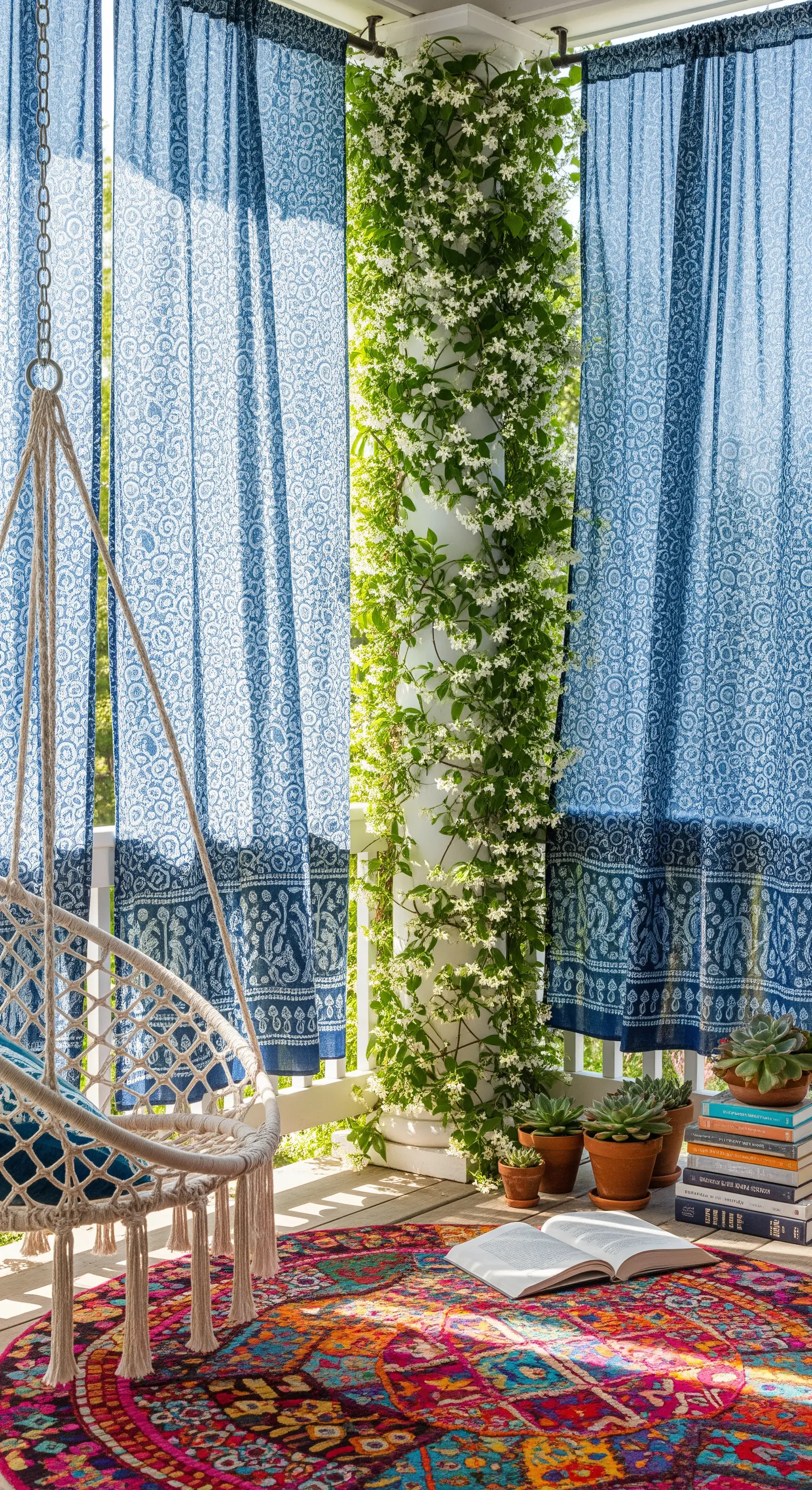 Angolo lettura su un portico con sedia sospesa, tende blu e un gelsomino rampicante sulla colonna.