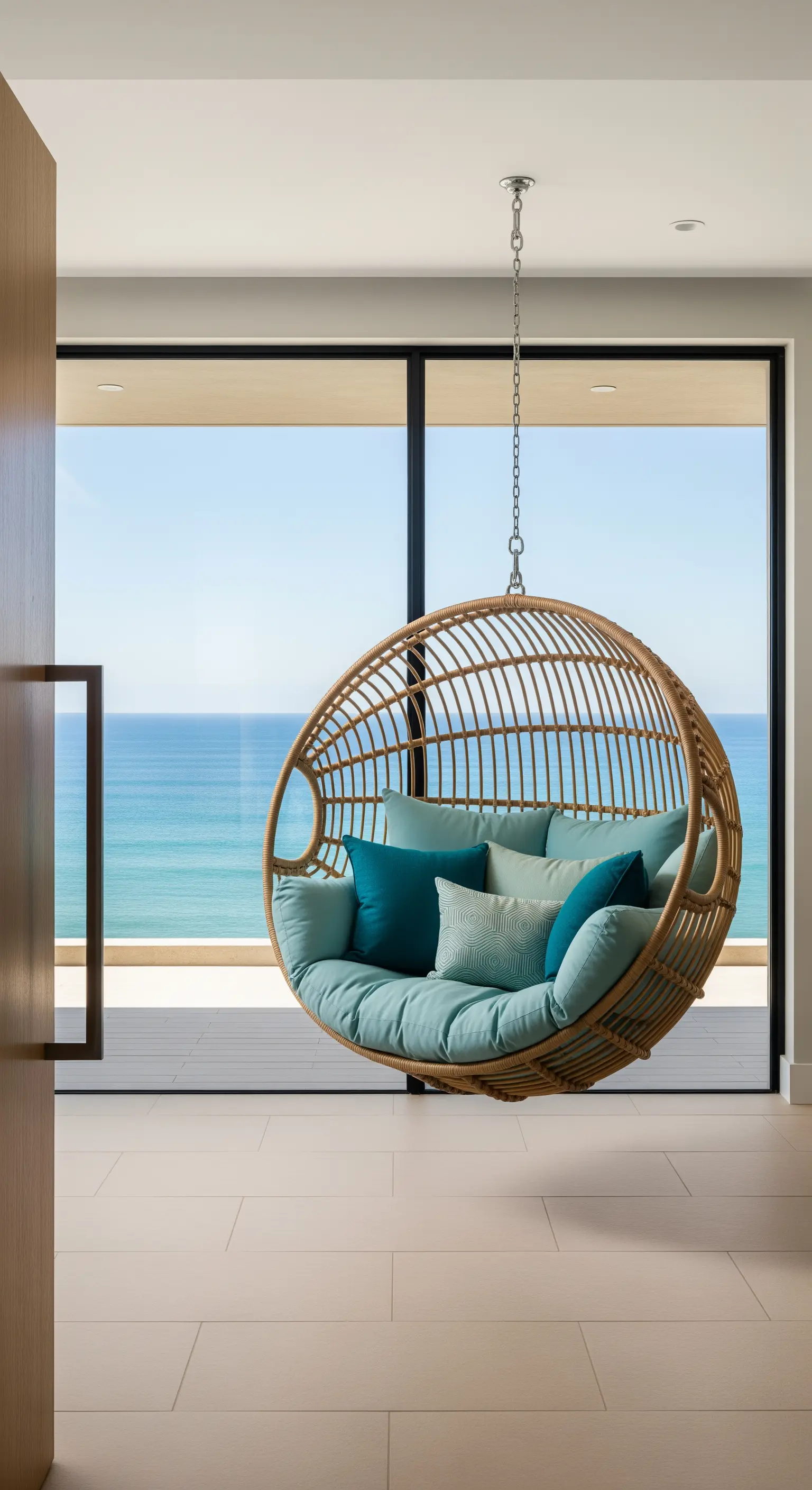 Poltrona sospesa in rattan con cuscini verde acqua affacciata su una vetrata vista mare.