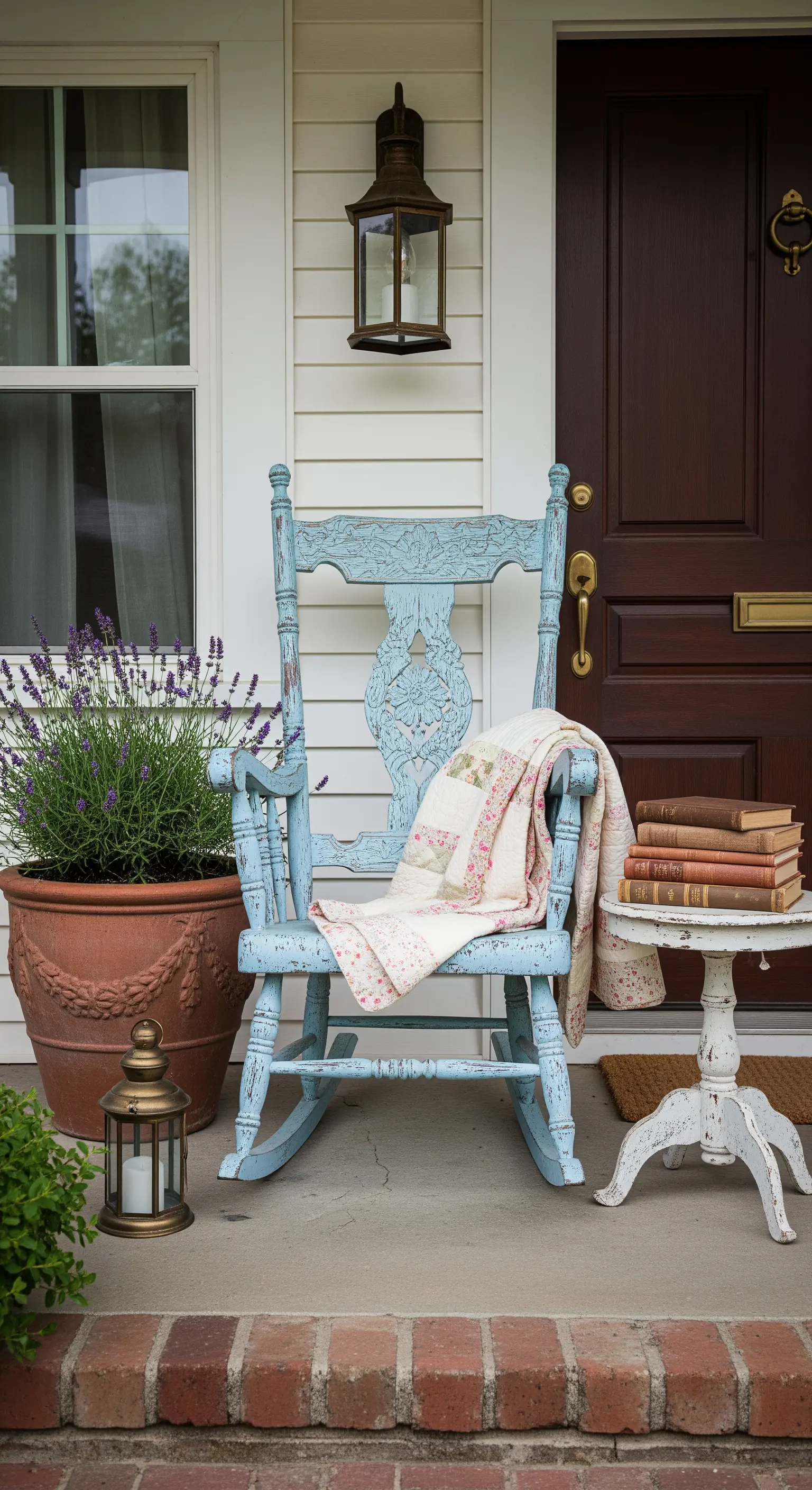 Sedia a dondolo azzurra decapé con una coperta patchwork, accanto a un tavolino bianco e lavanda.
