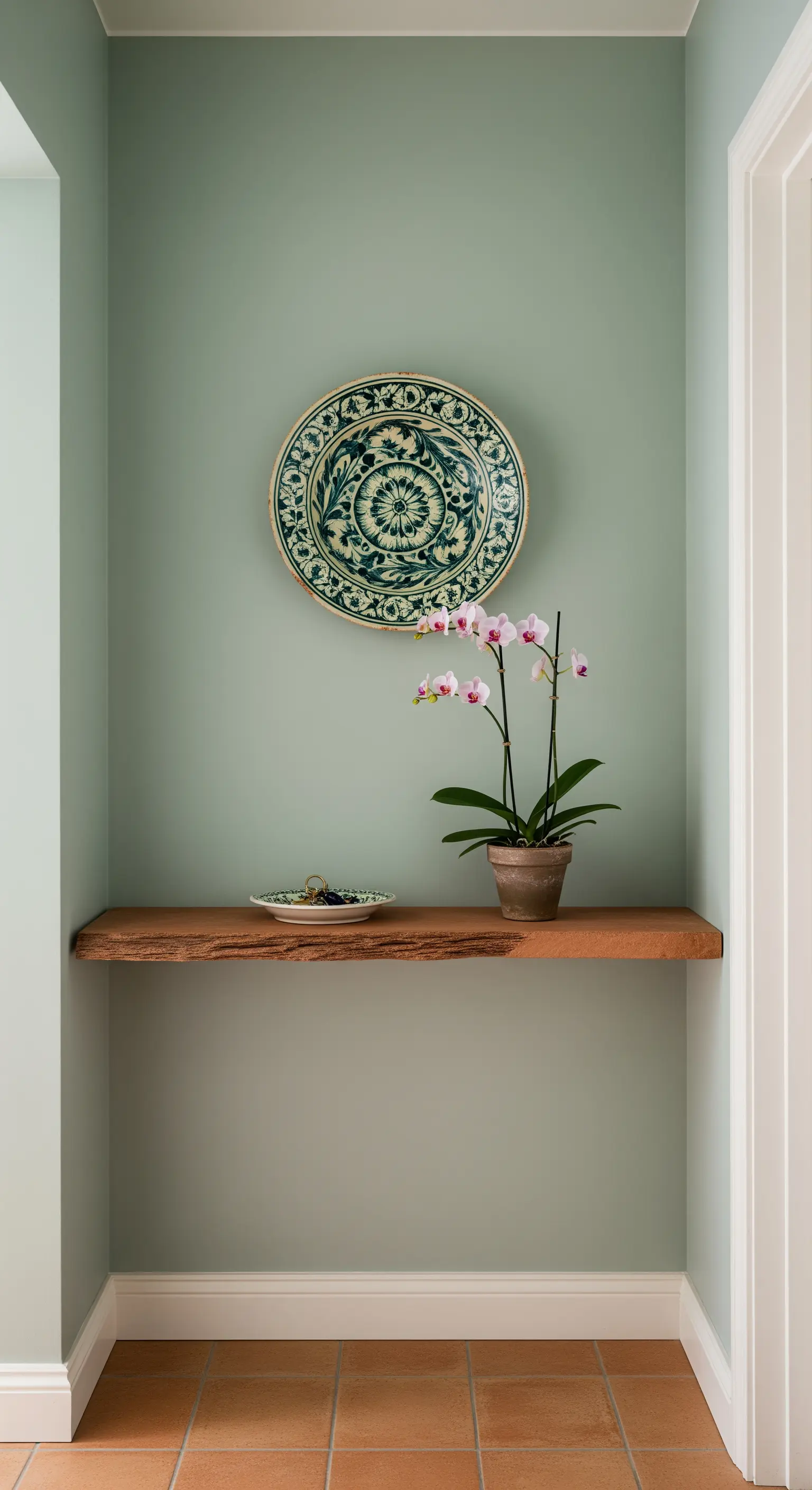 Nicchia verde salvia con mensola in legno, un piatto decorativo appeso e un'orchidea.