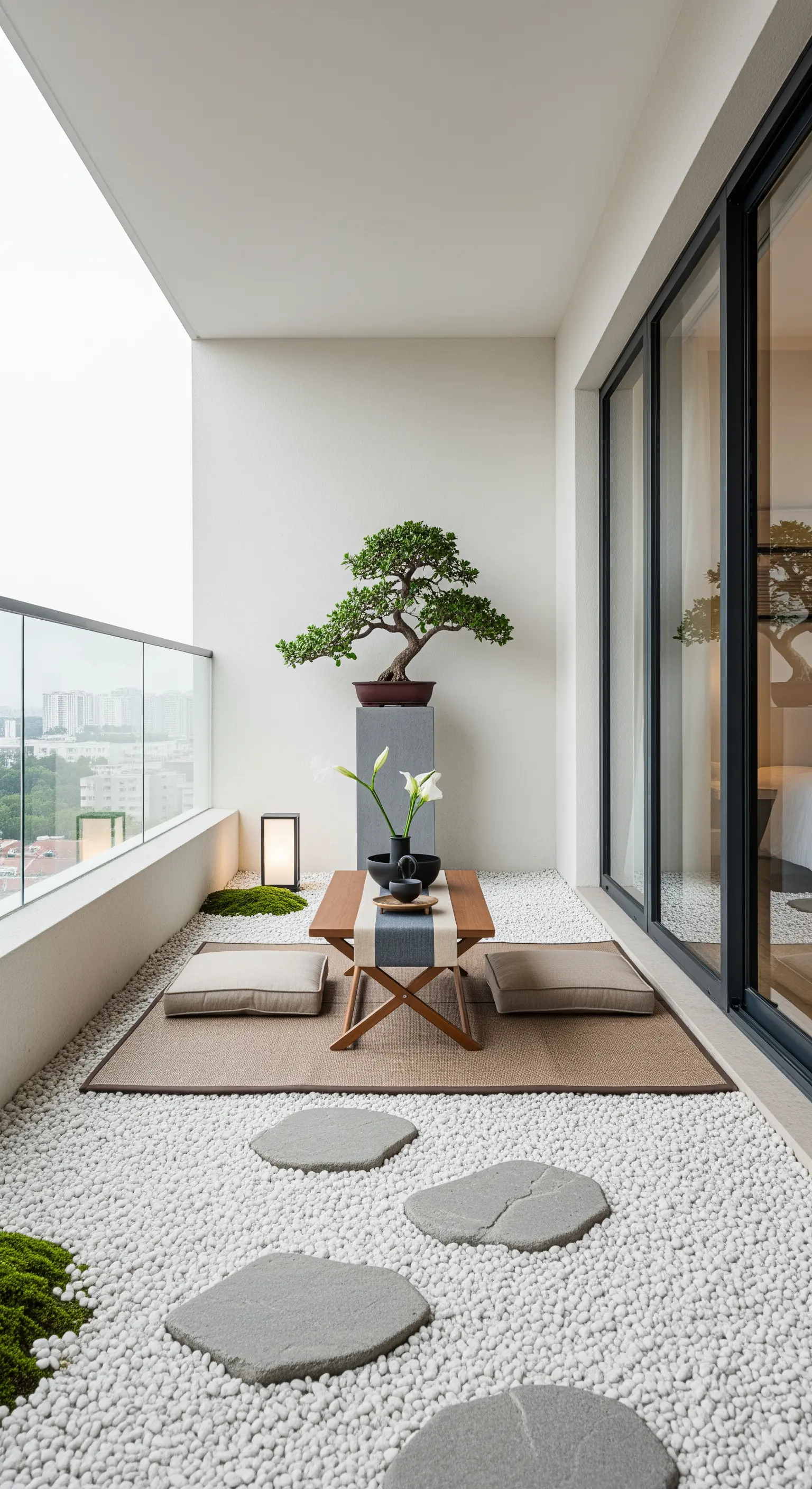Balcone in stile zen con ciottoli bianchi, cuscini bassi, un bonsai e un sentiero di pietre.
