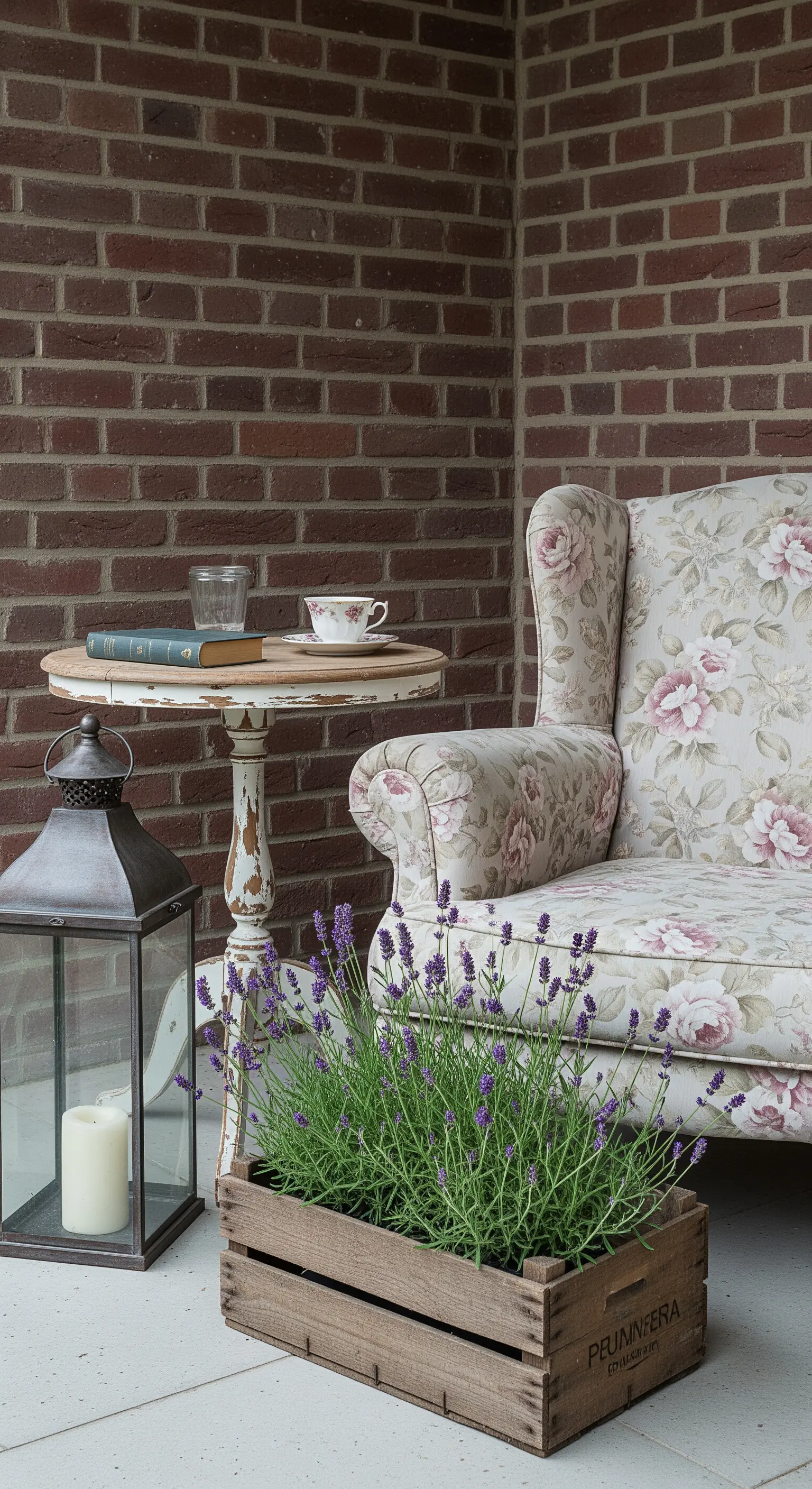 Angolo lettura shabby chic con poltrona a fiori, tavolino decapé e cassetta di lavanda.