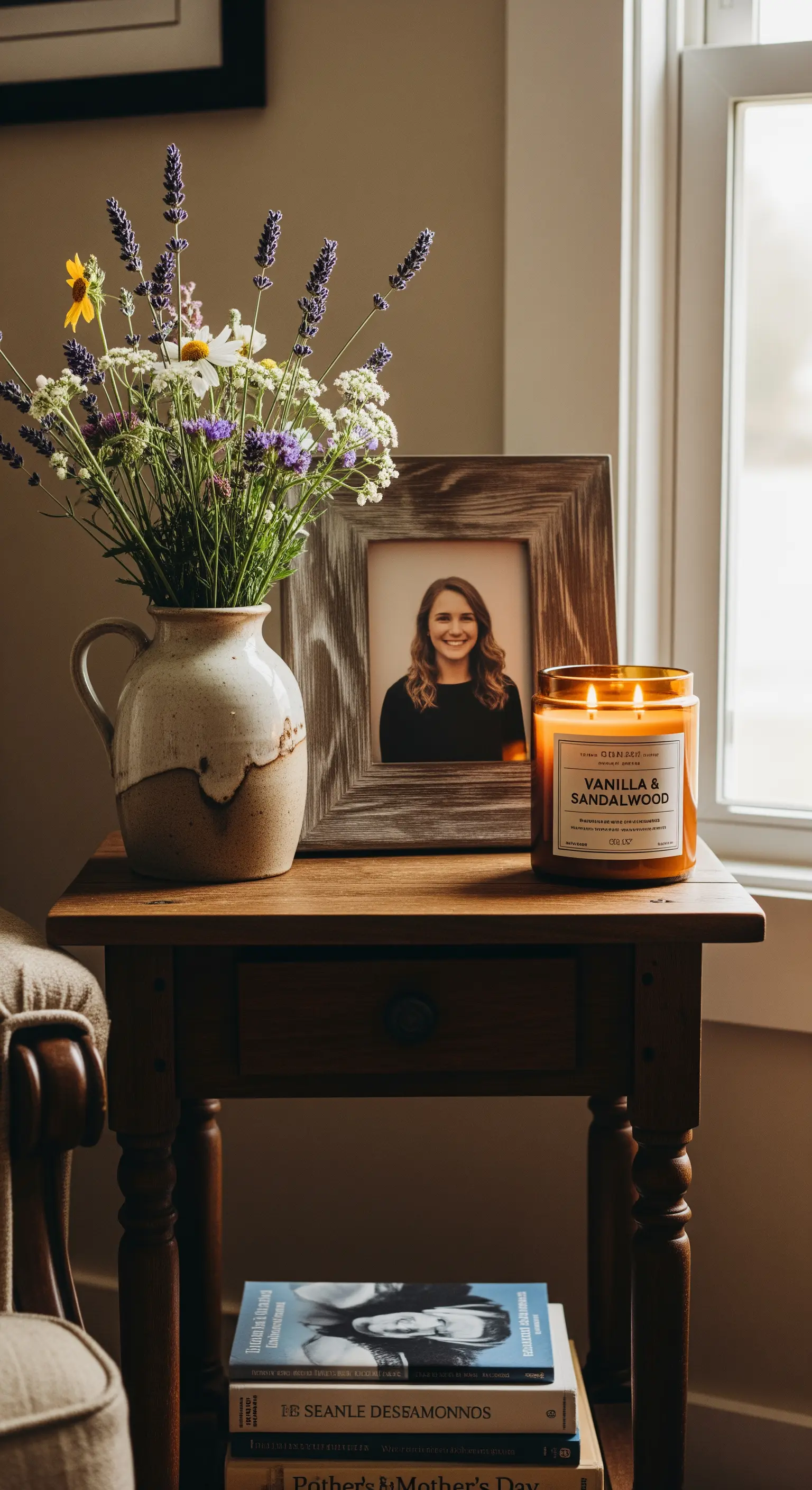 Composizione rustica con fiori di campo, una candela al sandalo e una cornice in legno.