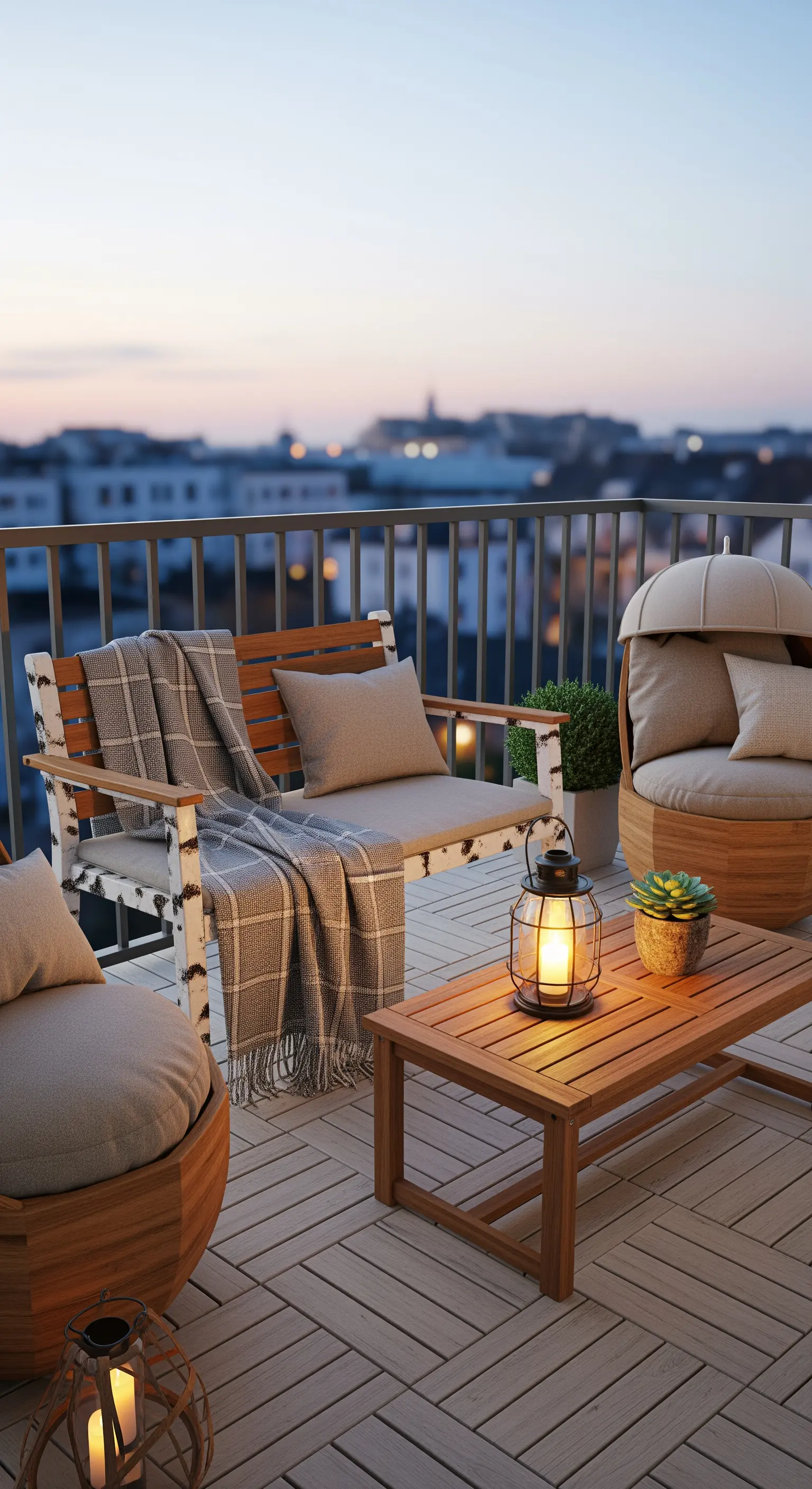 Balcone con panca in legno, cuscini beige, plaid a quadri e lanterne accese al crepuscolo.