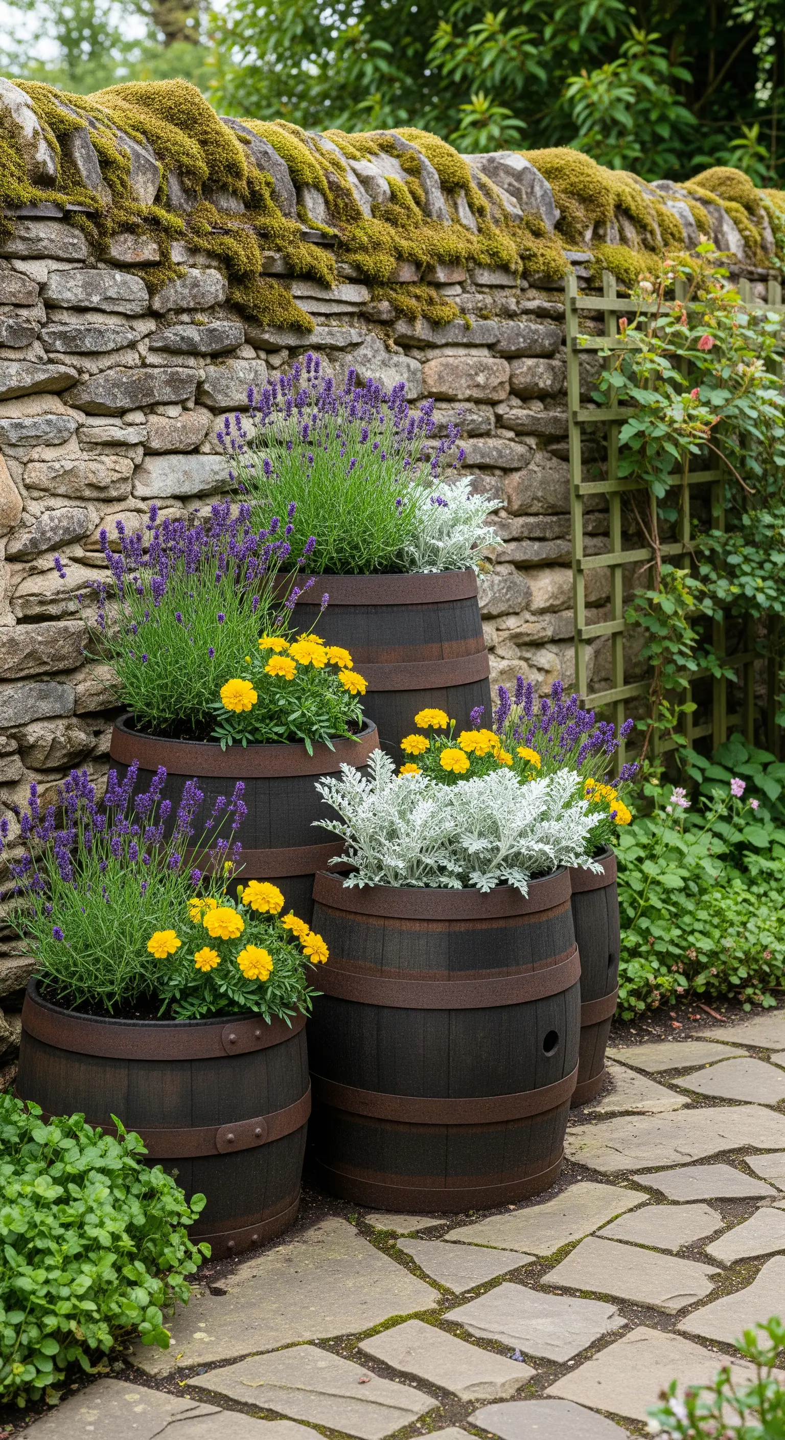 Gruppo di botti in legno con lavanda e fiori gialli contro un muro a secco con muschio
